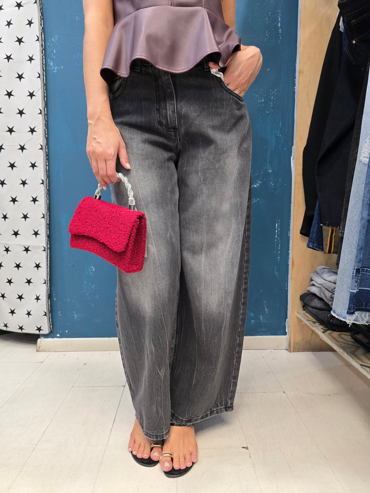 Borsa Mini Bouclè Rigida Manico Strass Catena Bordeaux