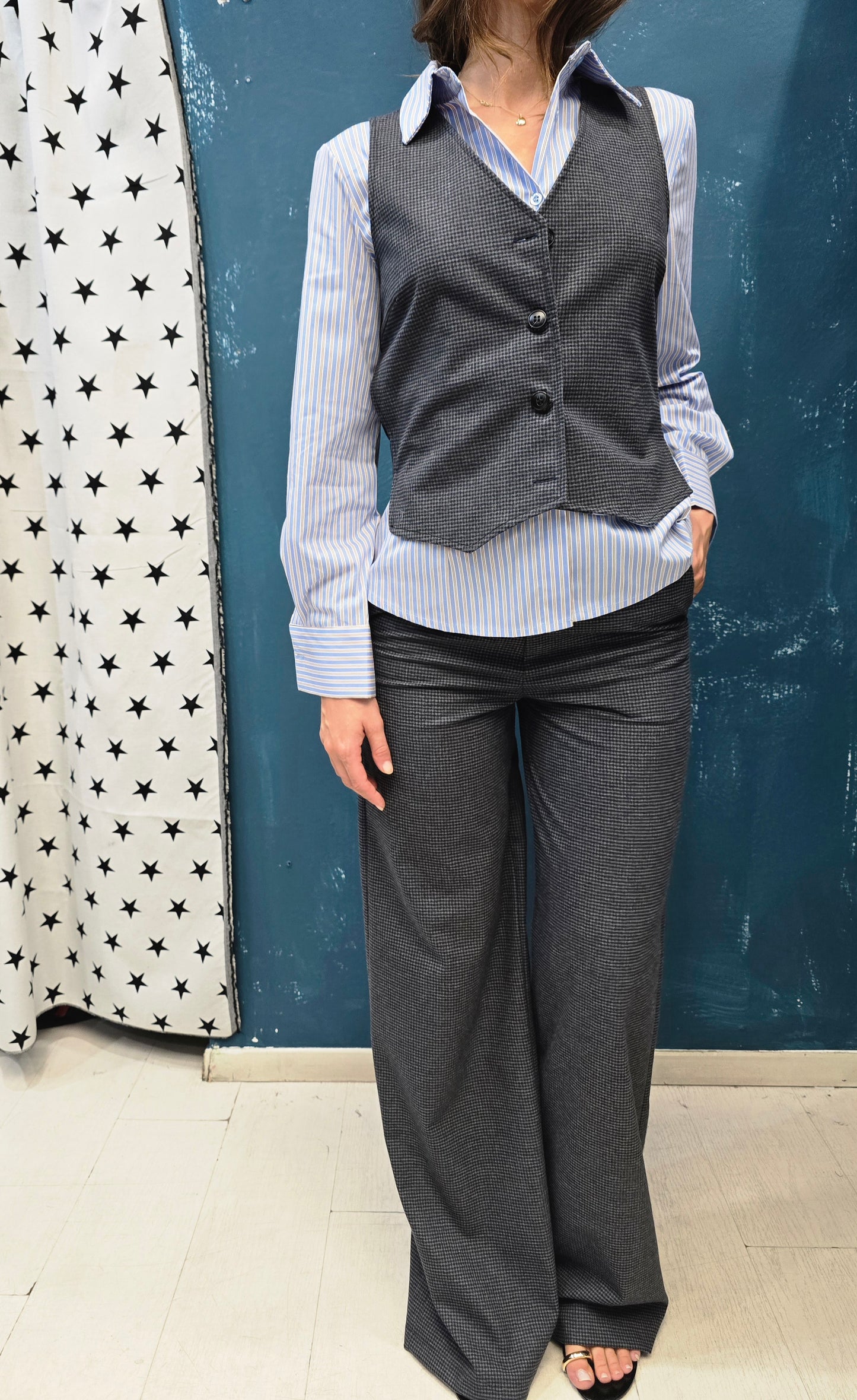 Pantalone Palazzo Check Grigio