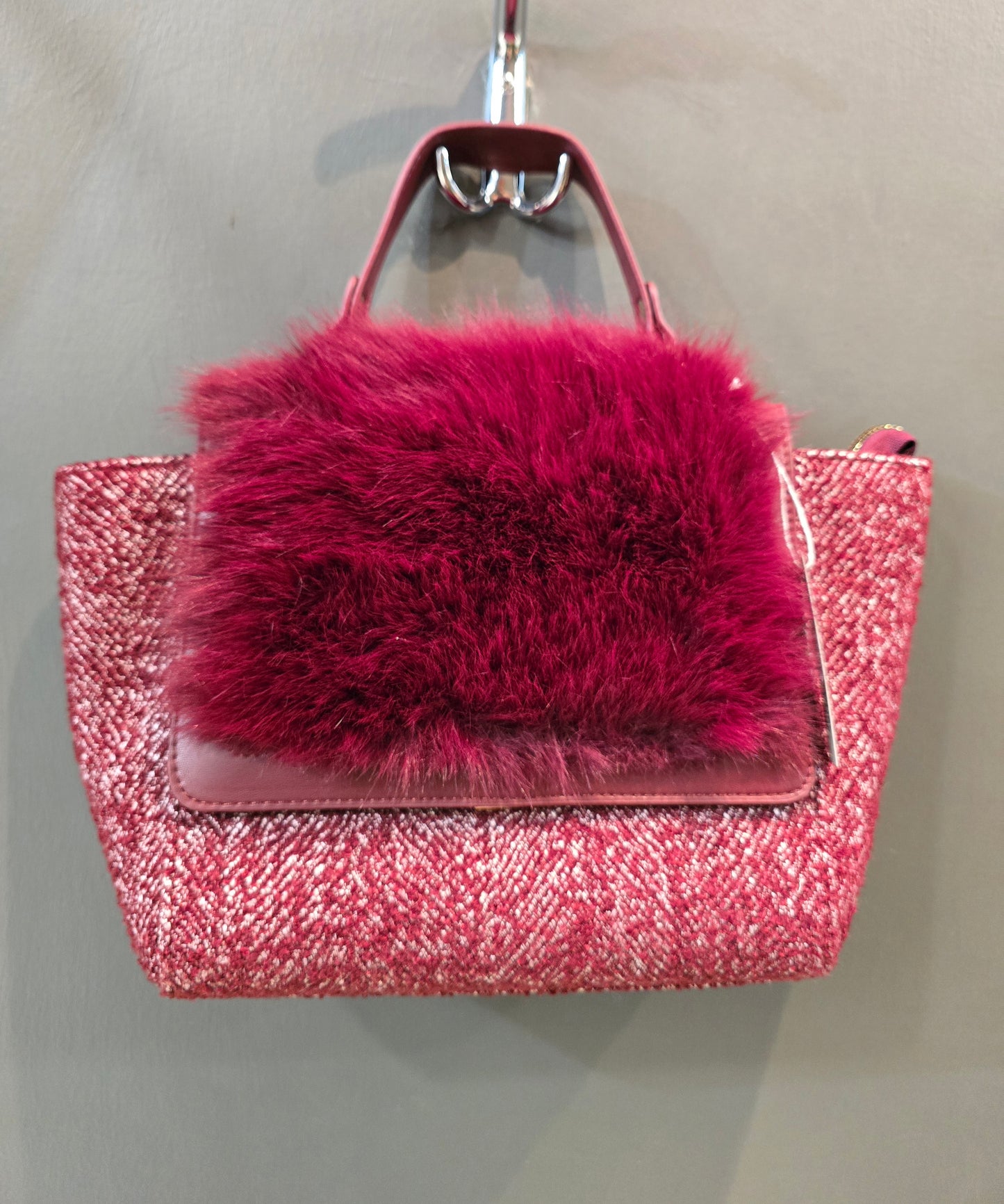 Borsa Panno Spigato Pattina Ecopelliccia Bordeaux