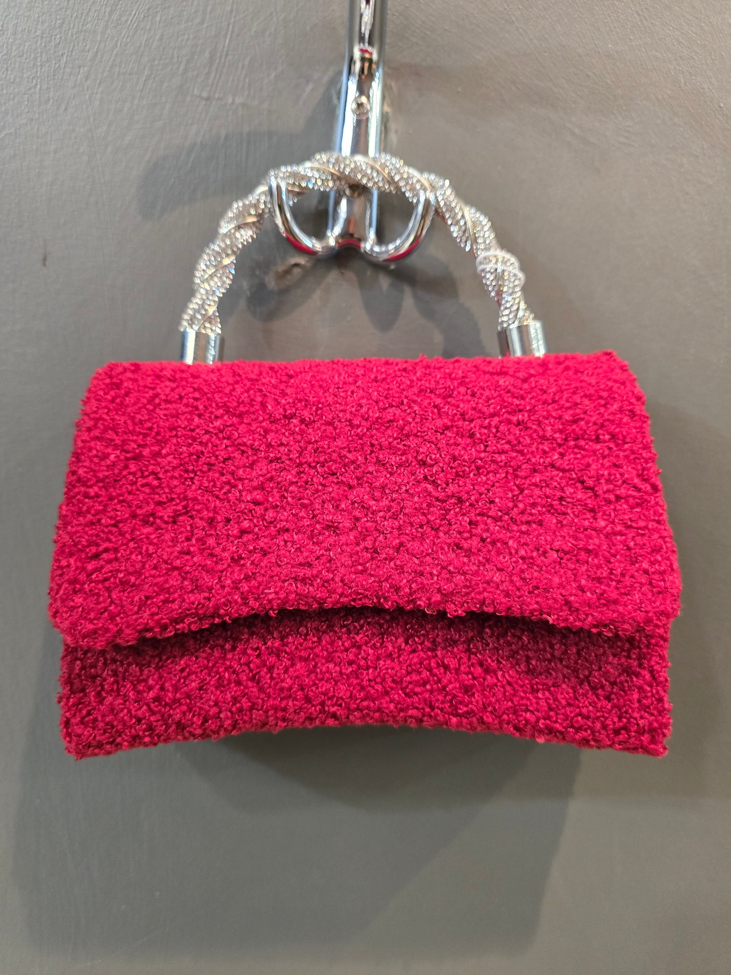 Borsa Mini Bouclè Rigida Manico Strass Catena Bordeaux