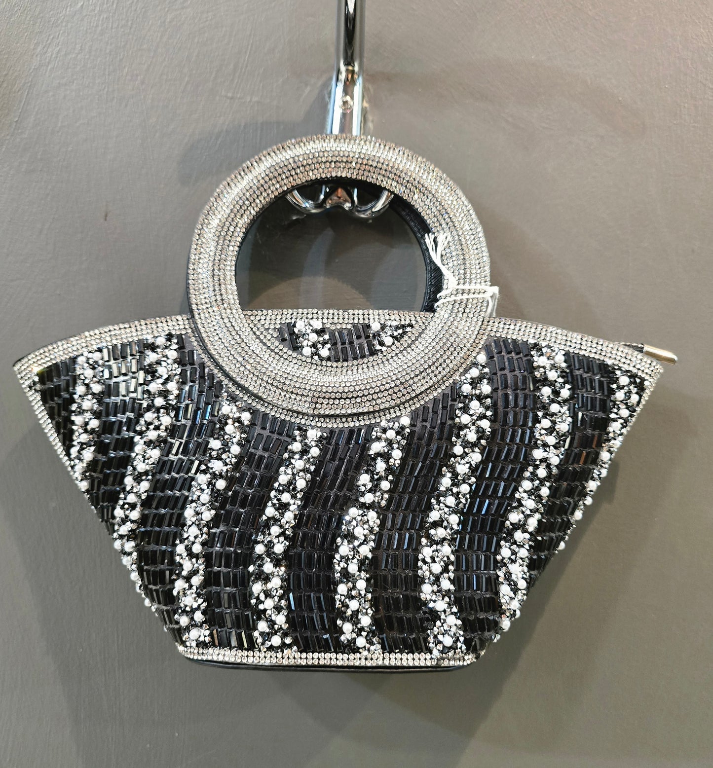 Borsa Mini Ecopelle Ventaglio Manico Strass Pietre Perle