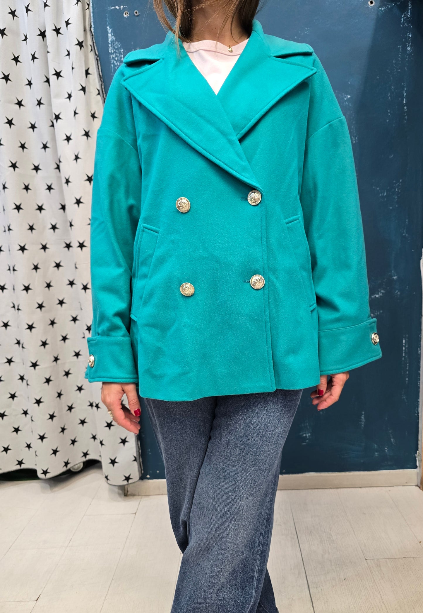 Cappotto Corto Doppiopetto Pannetto Verde Tiffany Taglia 42