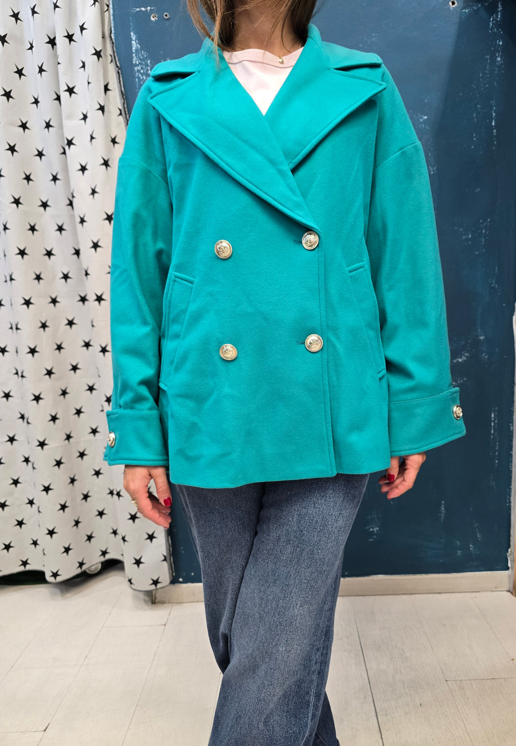 Cappotto Corto Doppiopetto Verde Tiffany Taglia 42