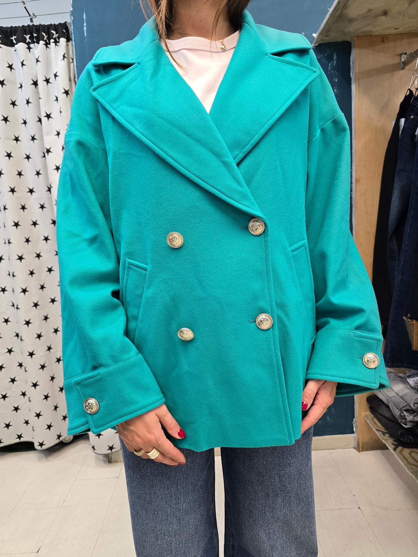 Cappotto Corto Doppiopetto Pannetto Verde Tiffany Taglia 42