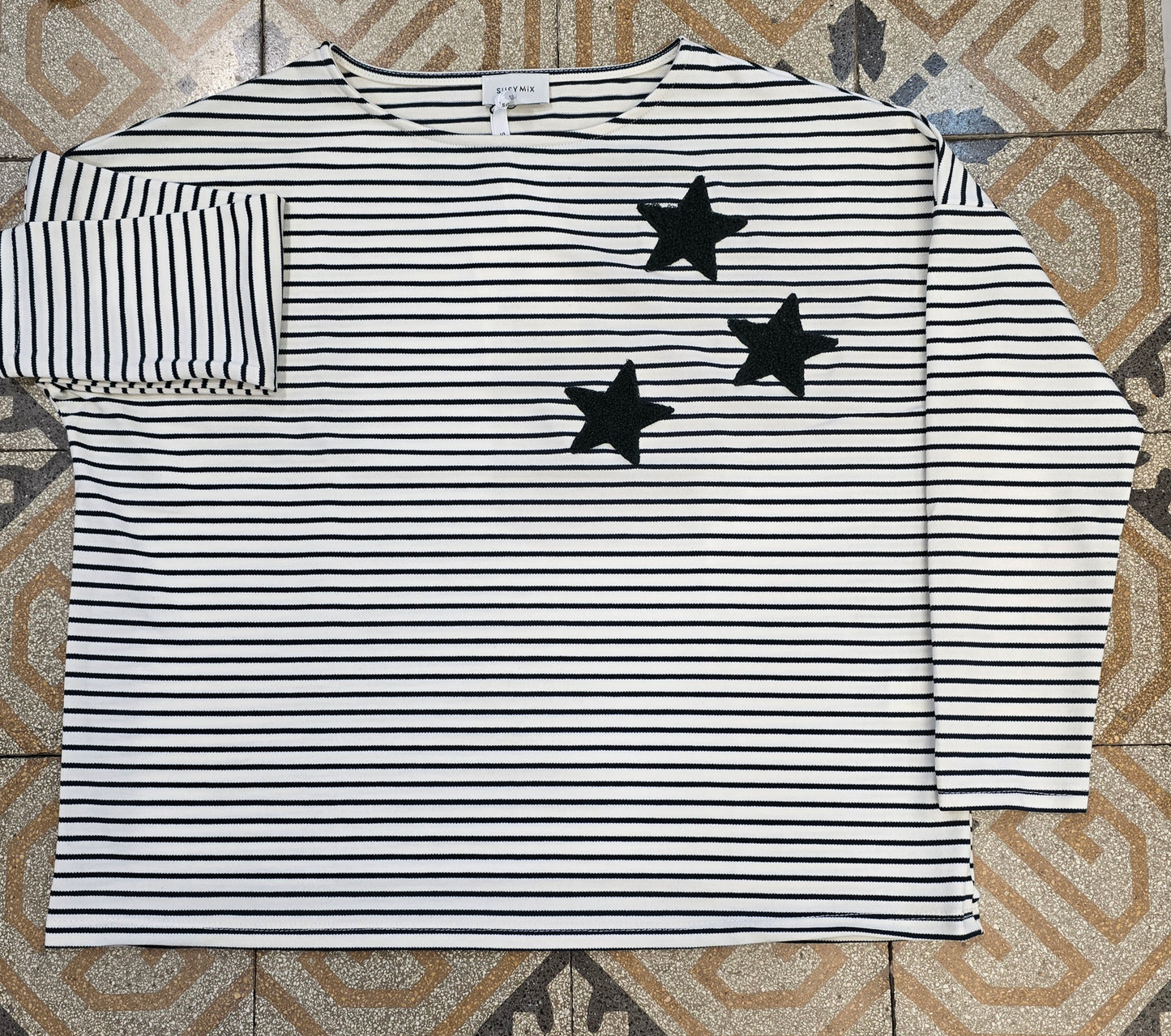 Felpa Rigata Scollo Barca Stelle Ricamate