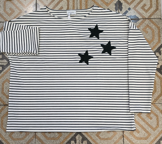 Felpa Rigata Scollo Barca Stelle Ricamate