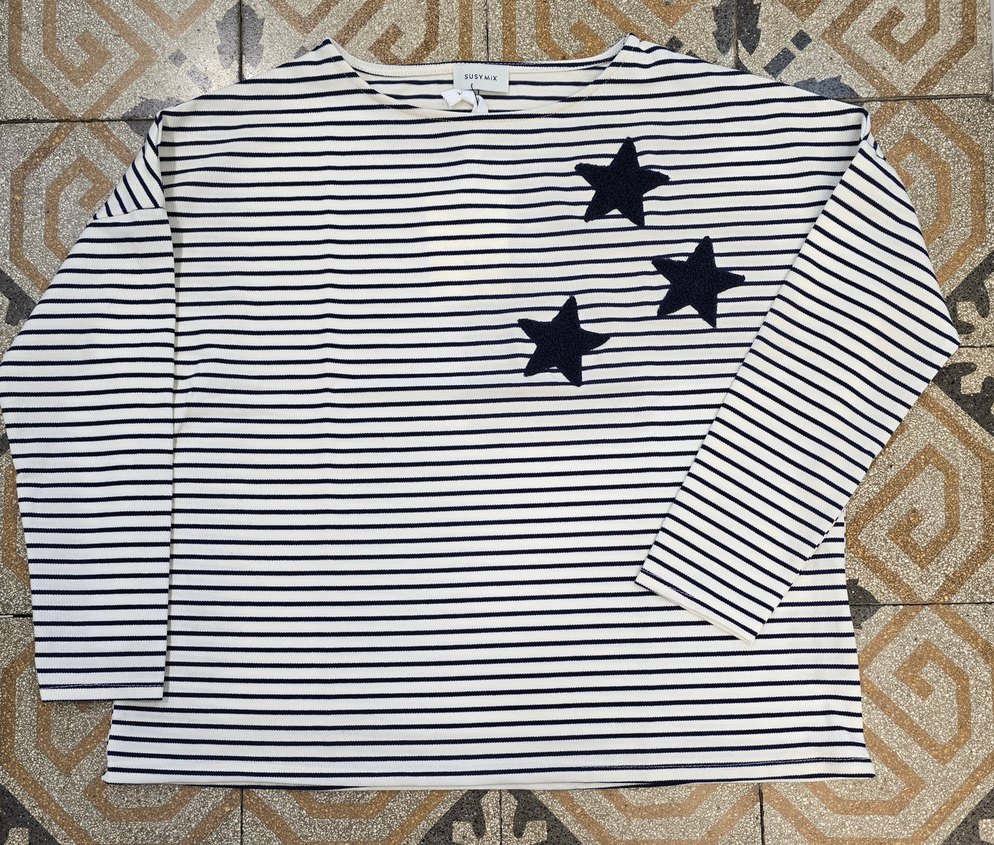 Felpa Rigata Scollo Barca Stelle Ricamate