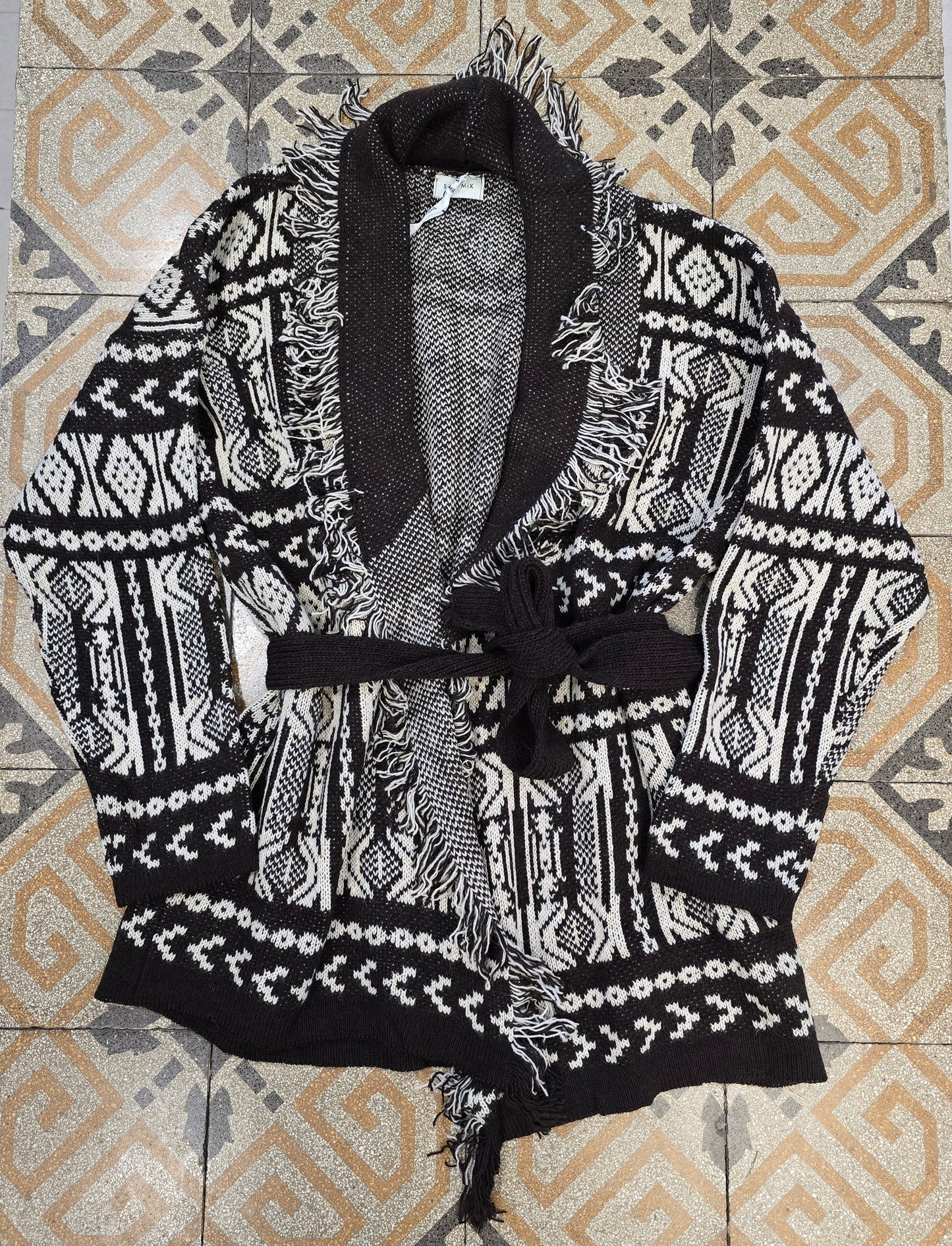 Cardigan Maglia Sfrangiato Geometrico Avorio Marrone