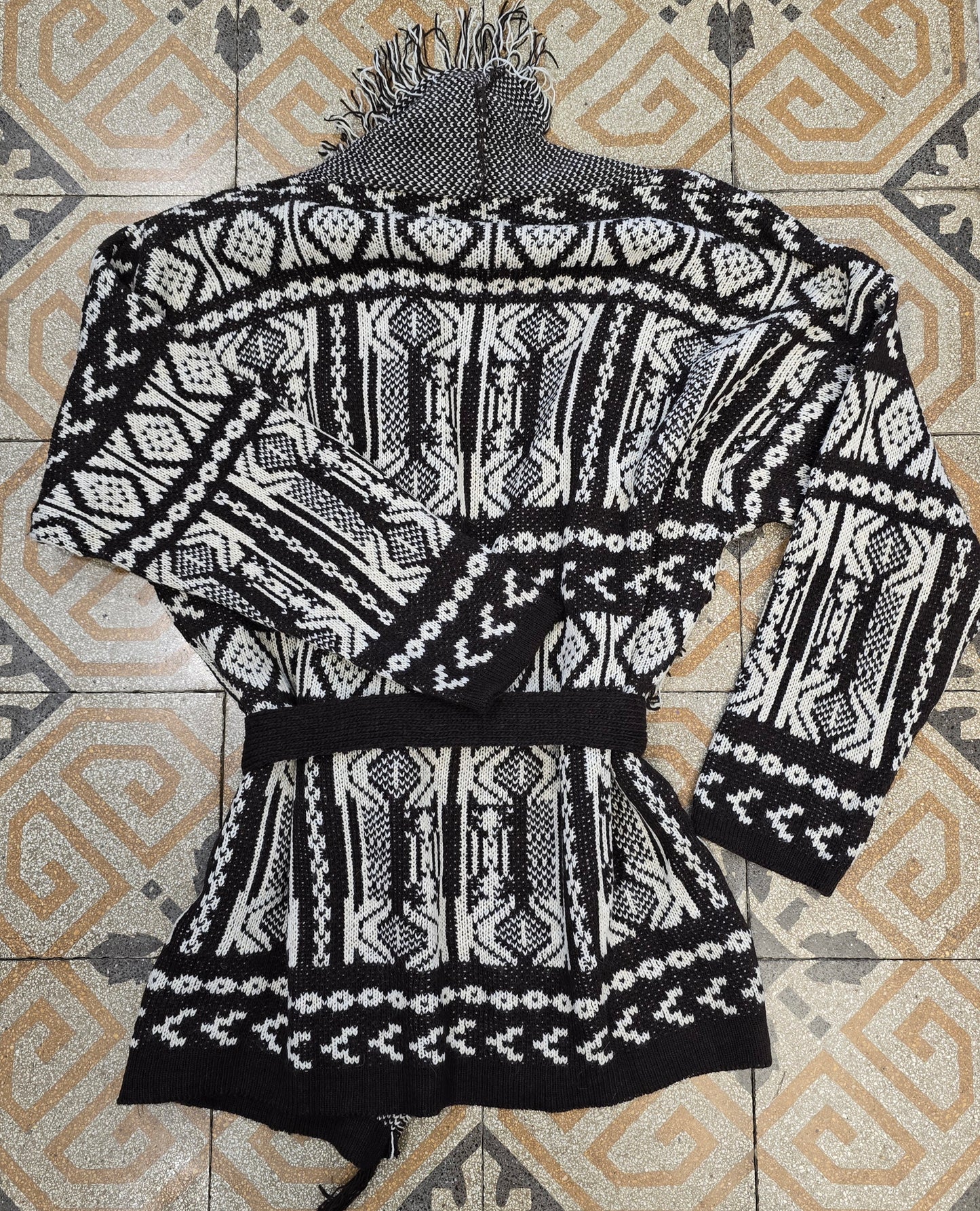 Cardigan Maglia Sfrangiato Geometrico Avorio Marrone