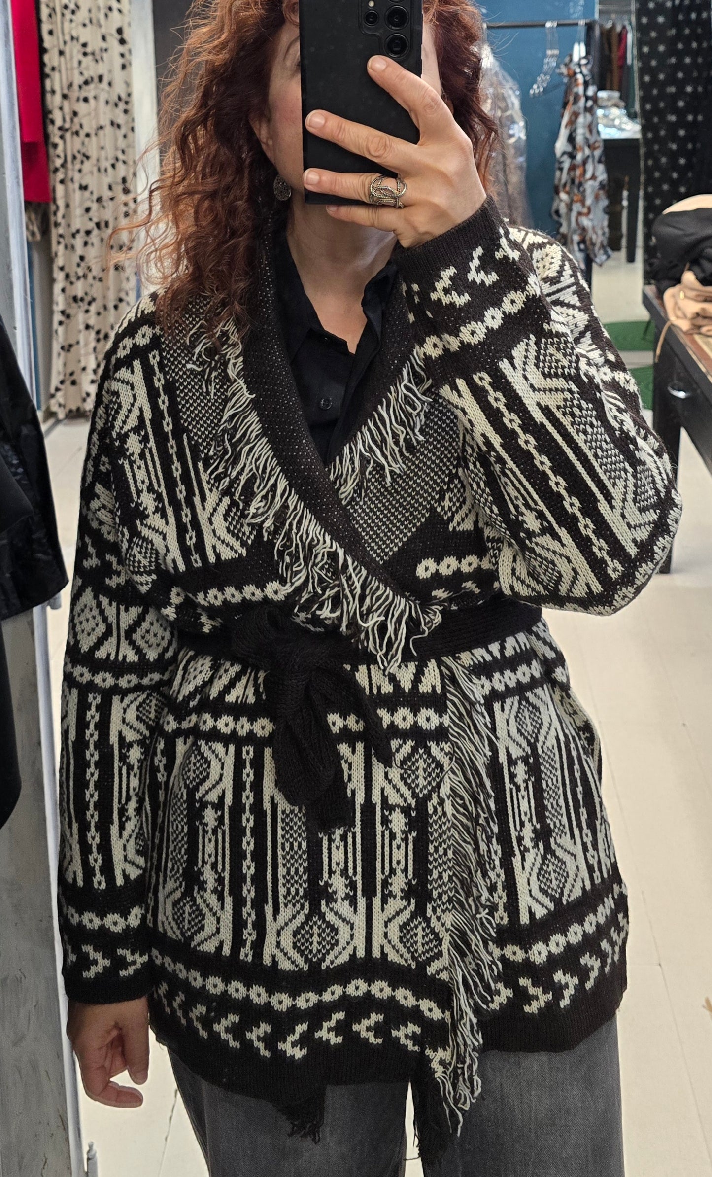 Cardigan Maglia Sfrangiato Geometrico Avorio Marrone