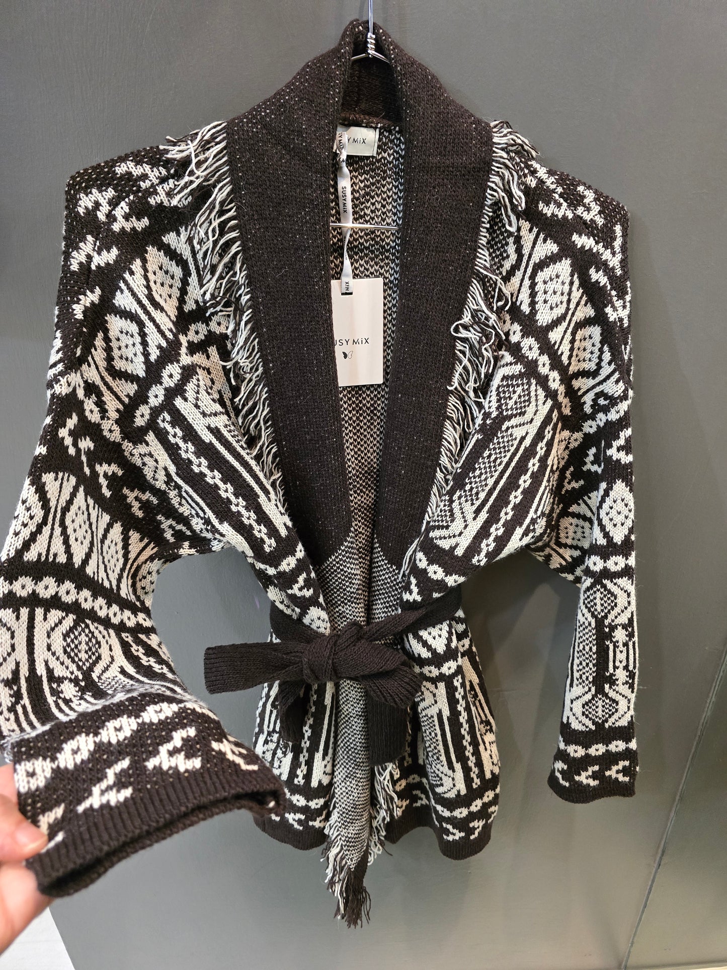 Cardigan Maglia Sfrangiato Geometrico Avorio Marrone