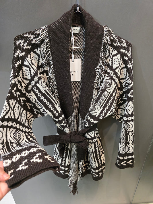 Cardigan Maglia Sfrangiato Geometrico Avorio Marrone