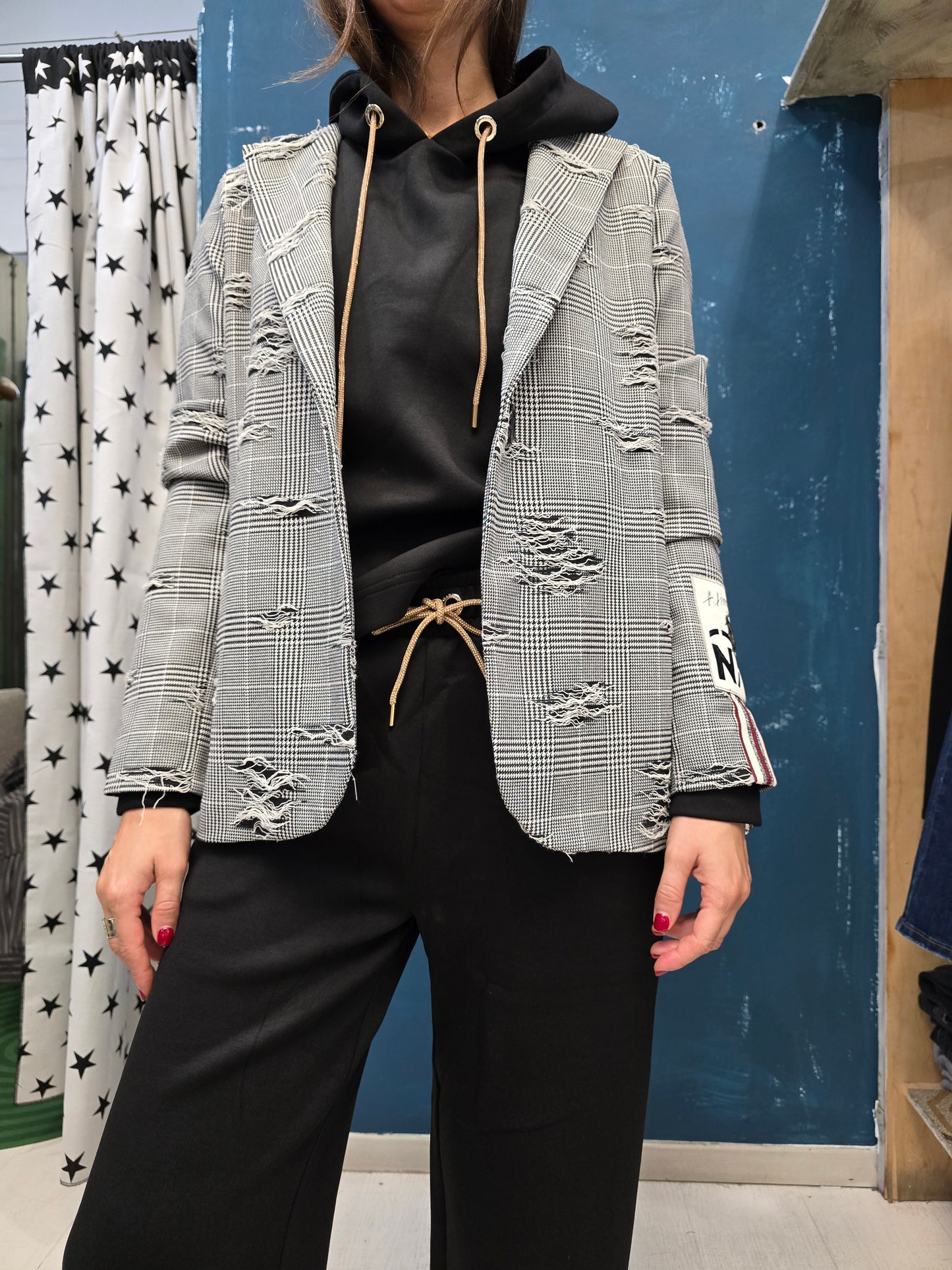 Giacca Doppio Tessuto Punto Milano Check Sfrangiature