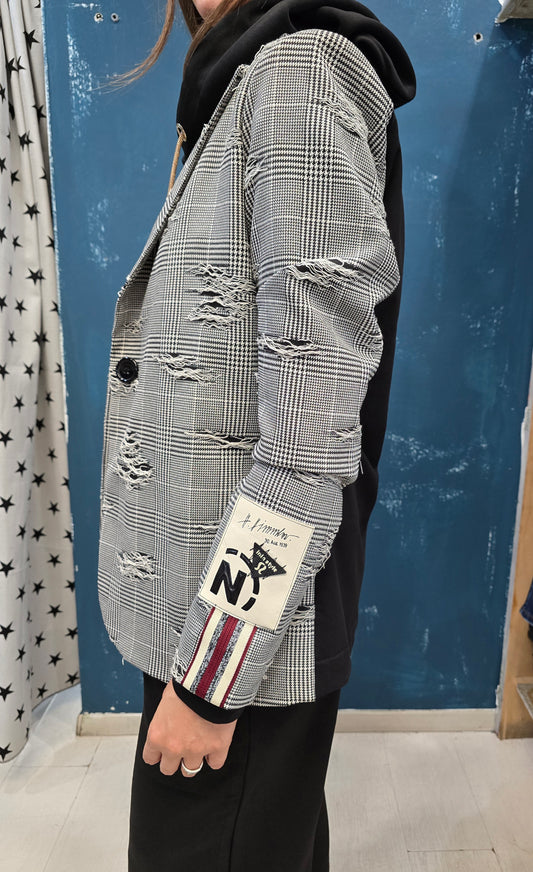 Giacca Doppio Tessuto Punto Milano Check Sfrangiature