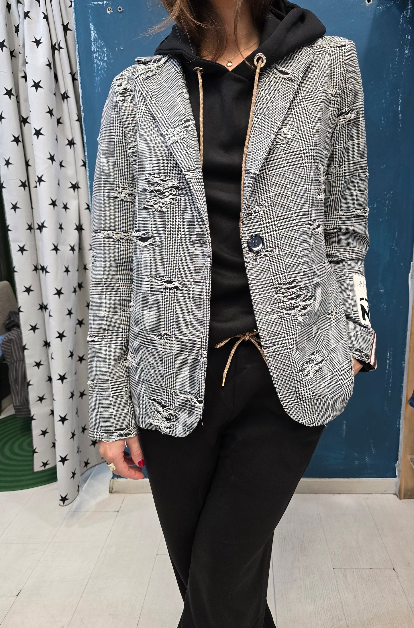 Giacca Doppio Tessuto Punto Milano Check Sfrangiature