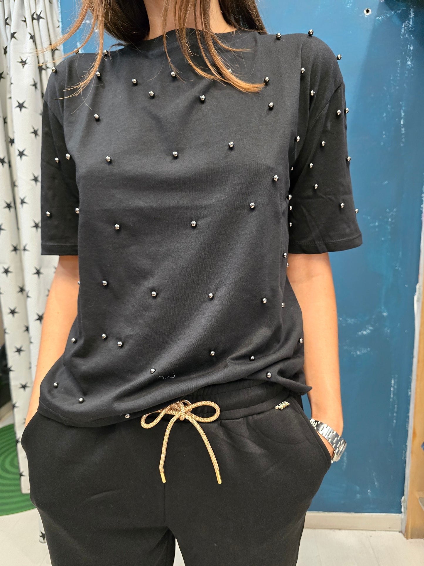 T-Shirt Paricollo Perle Argentate Pois