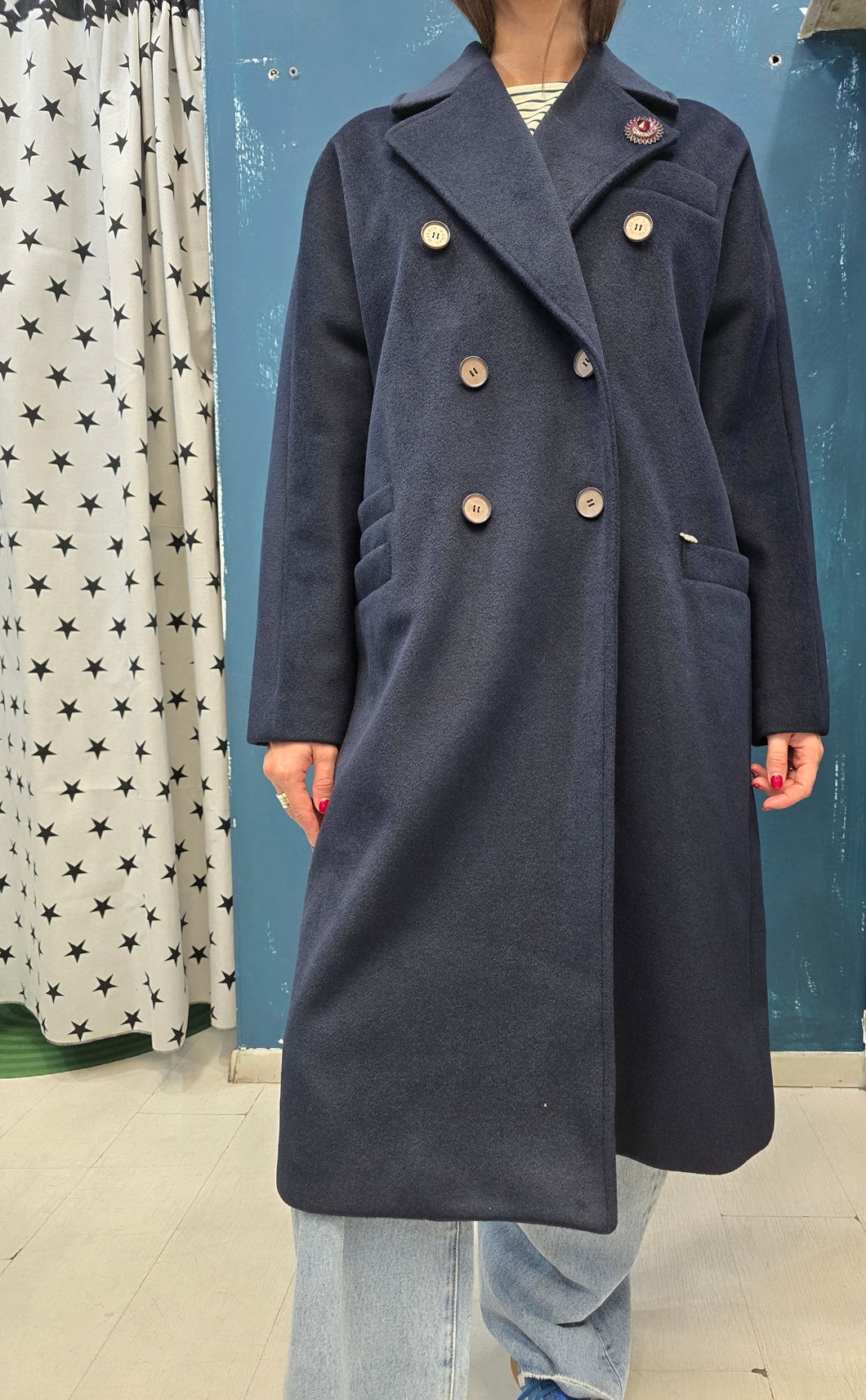 Cappotto Doppiopetto Lungo Panno Blu Spilla