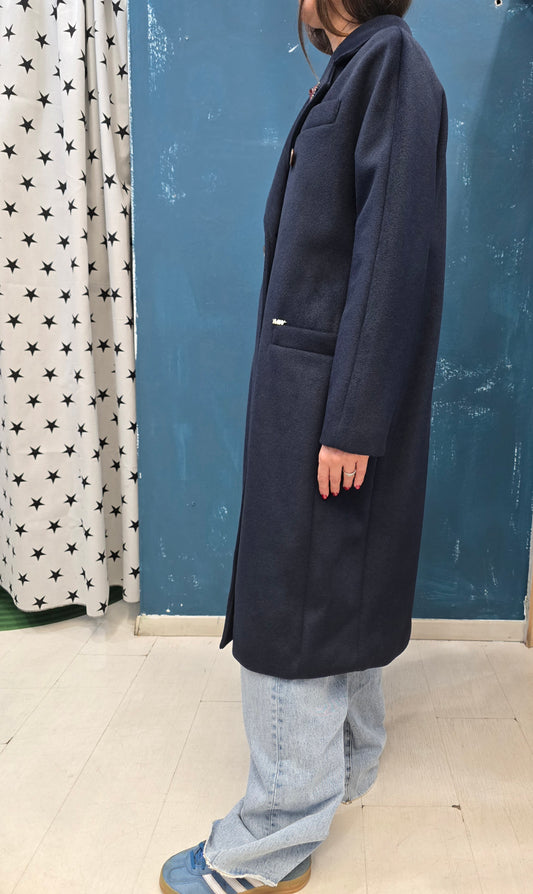 Cappotto Doppiopetto Lungo Panno Blu Over Spilla