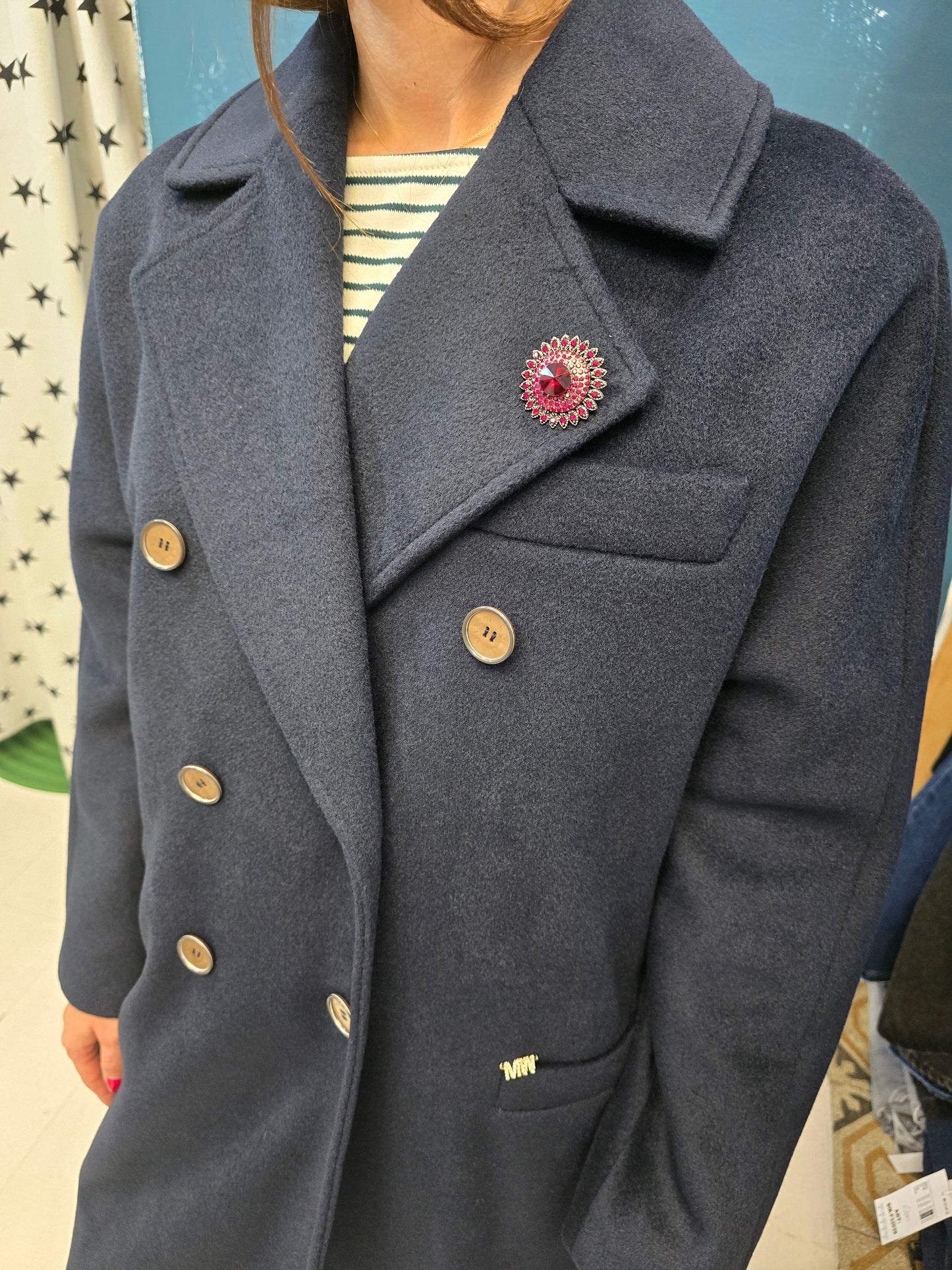 Cappotto Doppiopetto Lungo Panno Blu Over Spilla