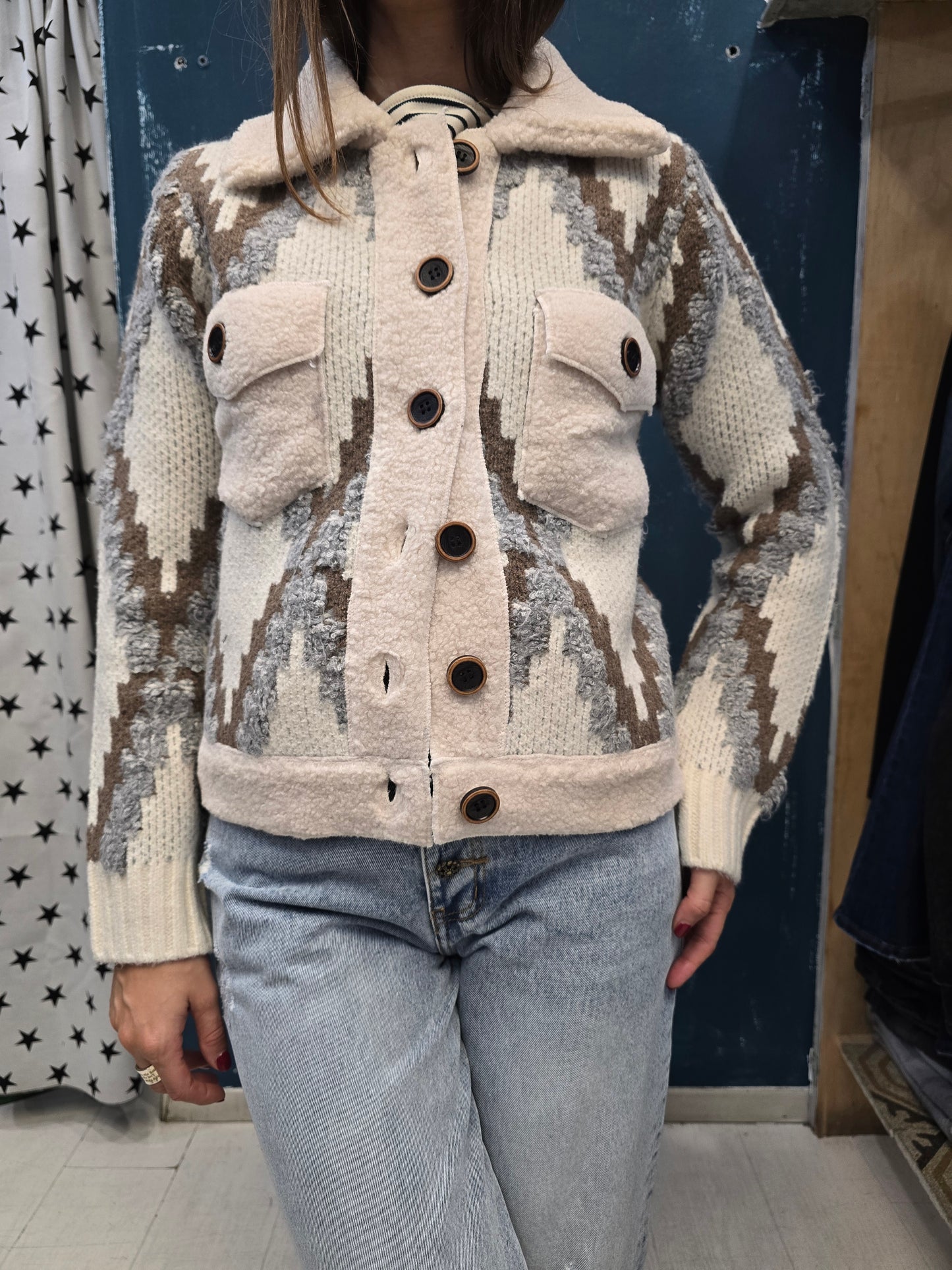 Giubbotto Maglia Pesante Jacquard Abbottonato