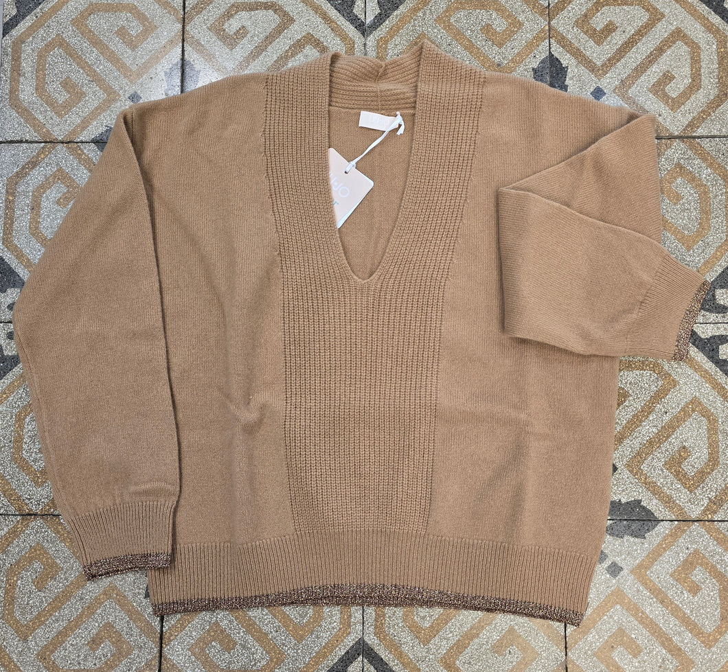 Maglia 100% Lana Scollo V Camel Taglia S