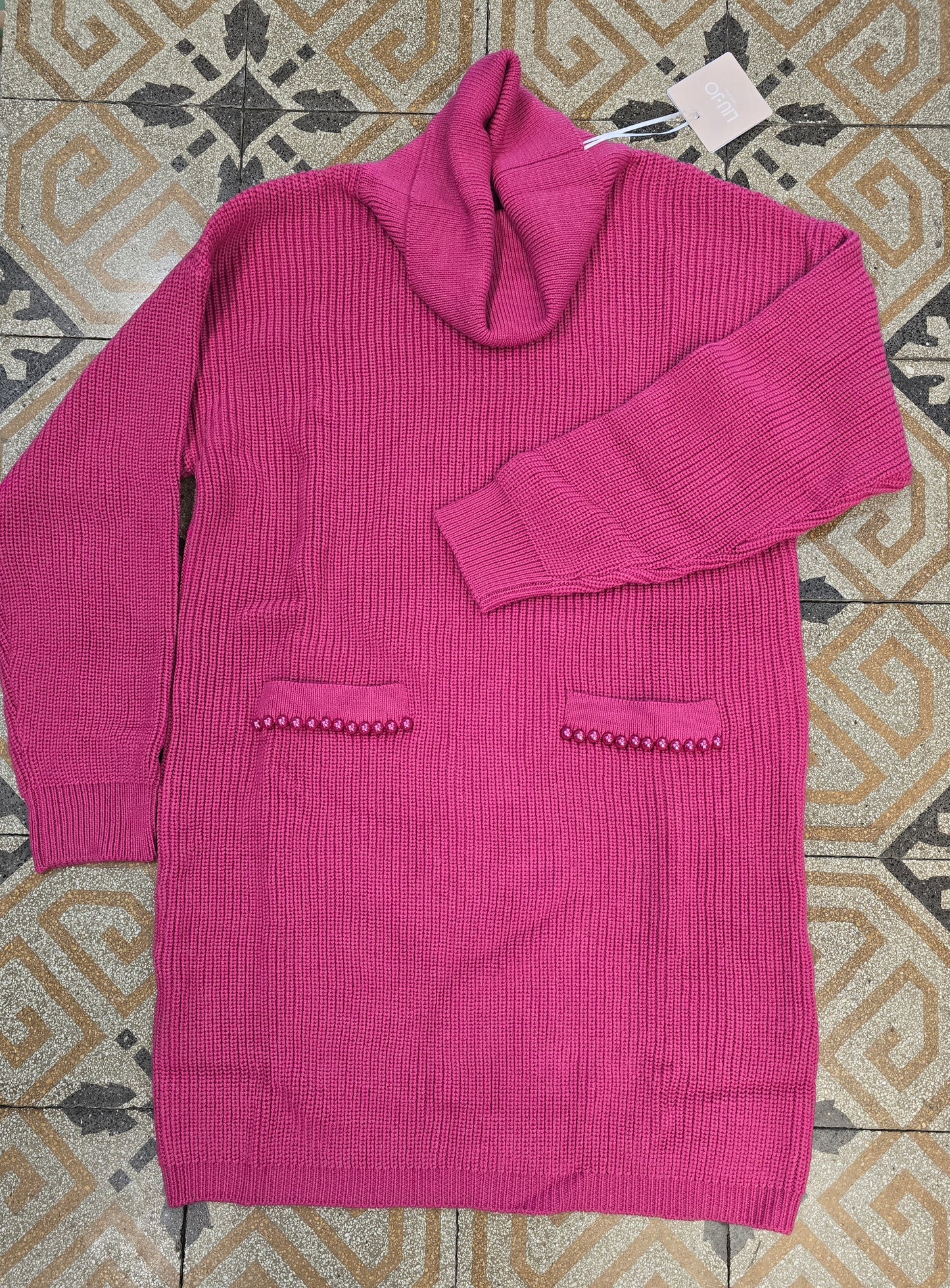 Abito Dolcevita Maglia Inglese Perle Fucsia S