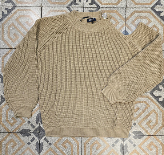 Maglia Coste Inglesi Scollo Spalla Bottone Gioiello Cammello