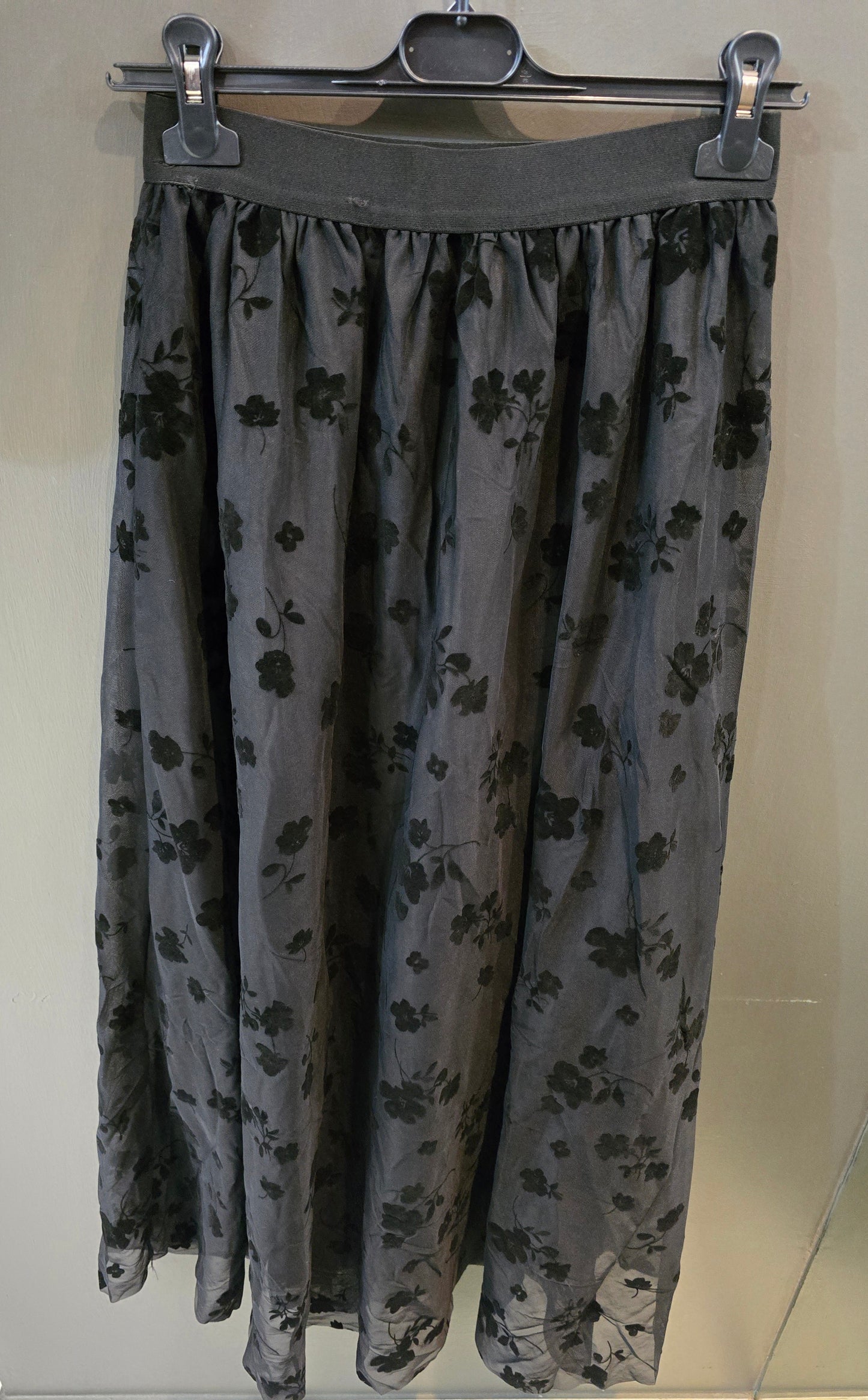 Gonna Lunga Elastico Vita Fiori Vellutati Nero