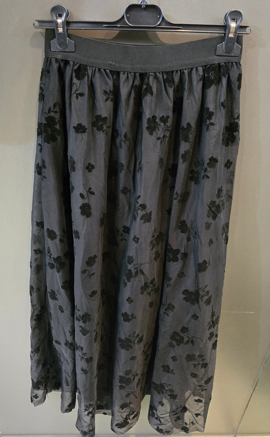 Gonna Lunga Elastico Vita Fiori Vellutati Nero