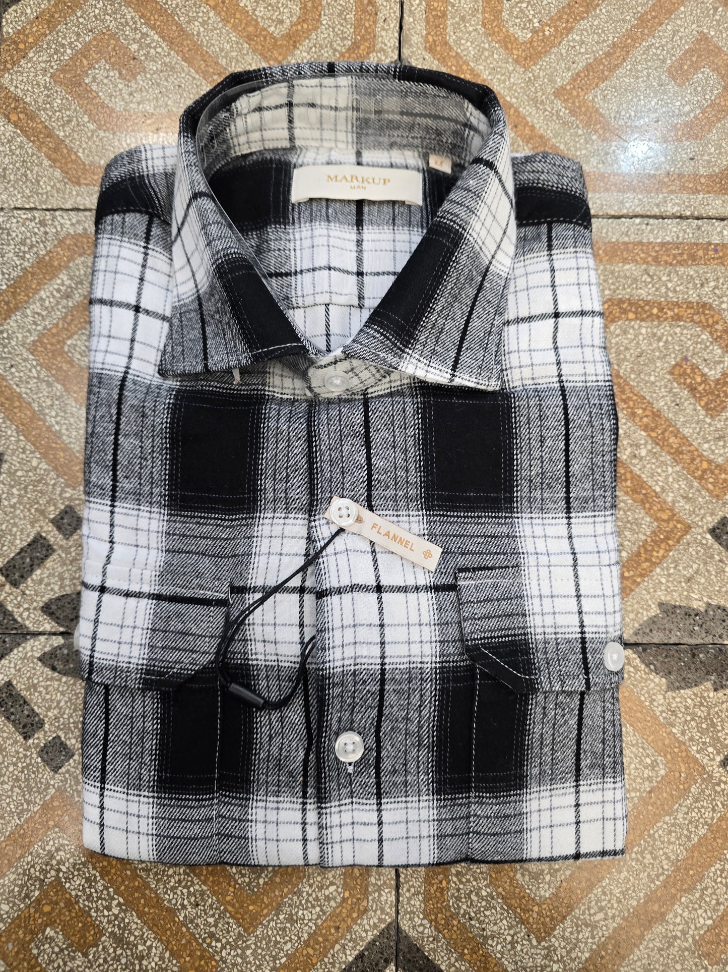 Camicia Quadrettoni Flanella Cotone Tasche Bianco Nero