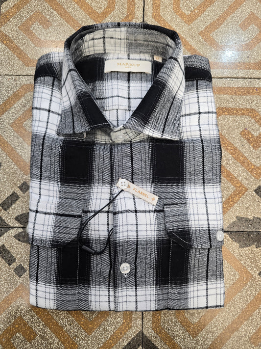 Camicia Quadrettoni Flanella Cotone Tasche Bianco Nero