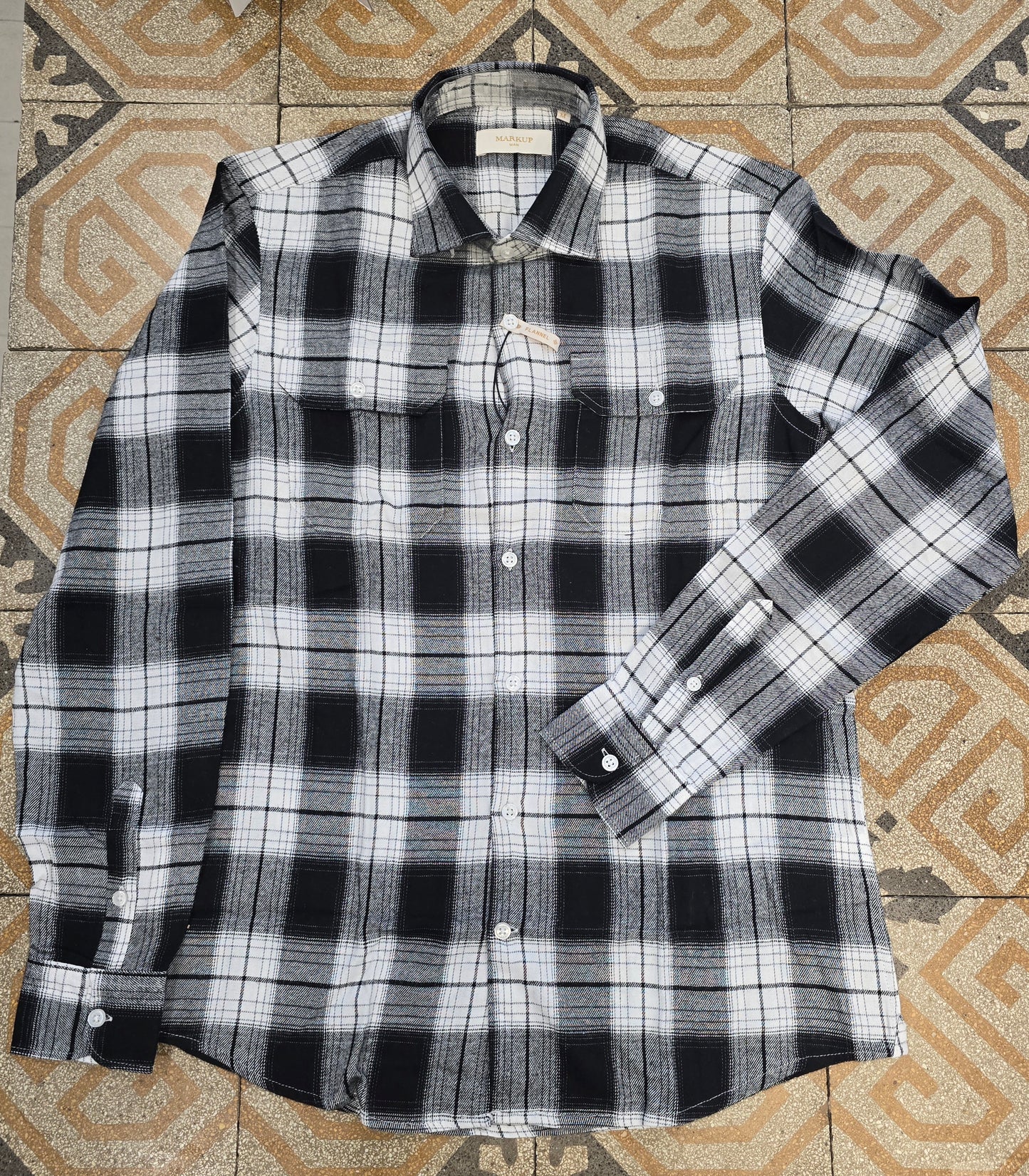 Camicia Quadrettoni Flanella Cotone Tasche Bianco Nero