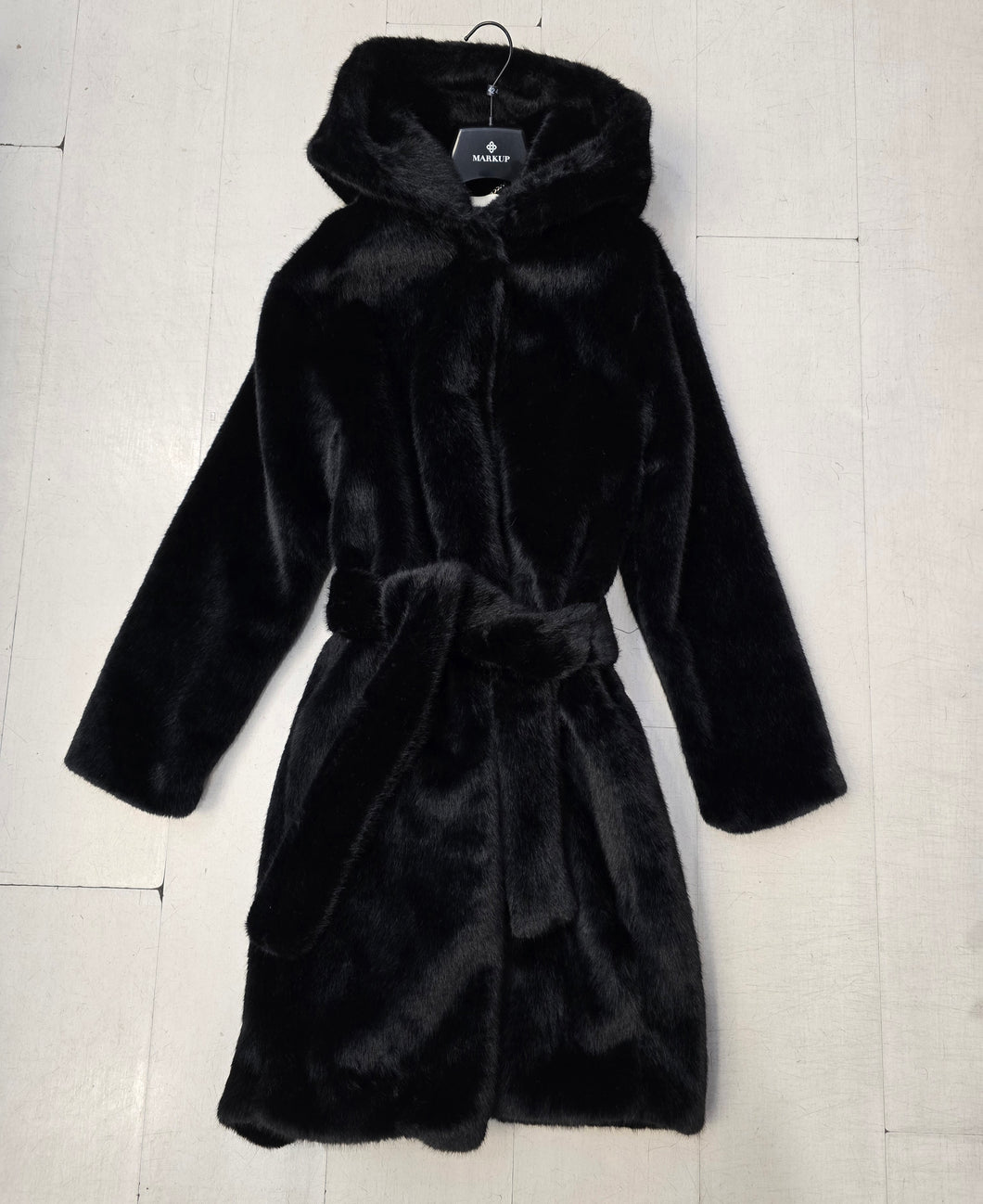 Cappotto Lungo Ecopelliccia Cappuccio Cintura