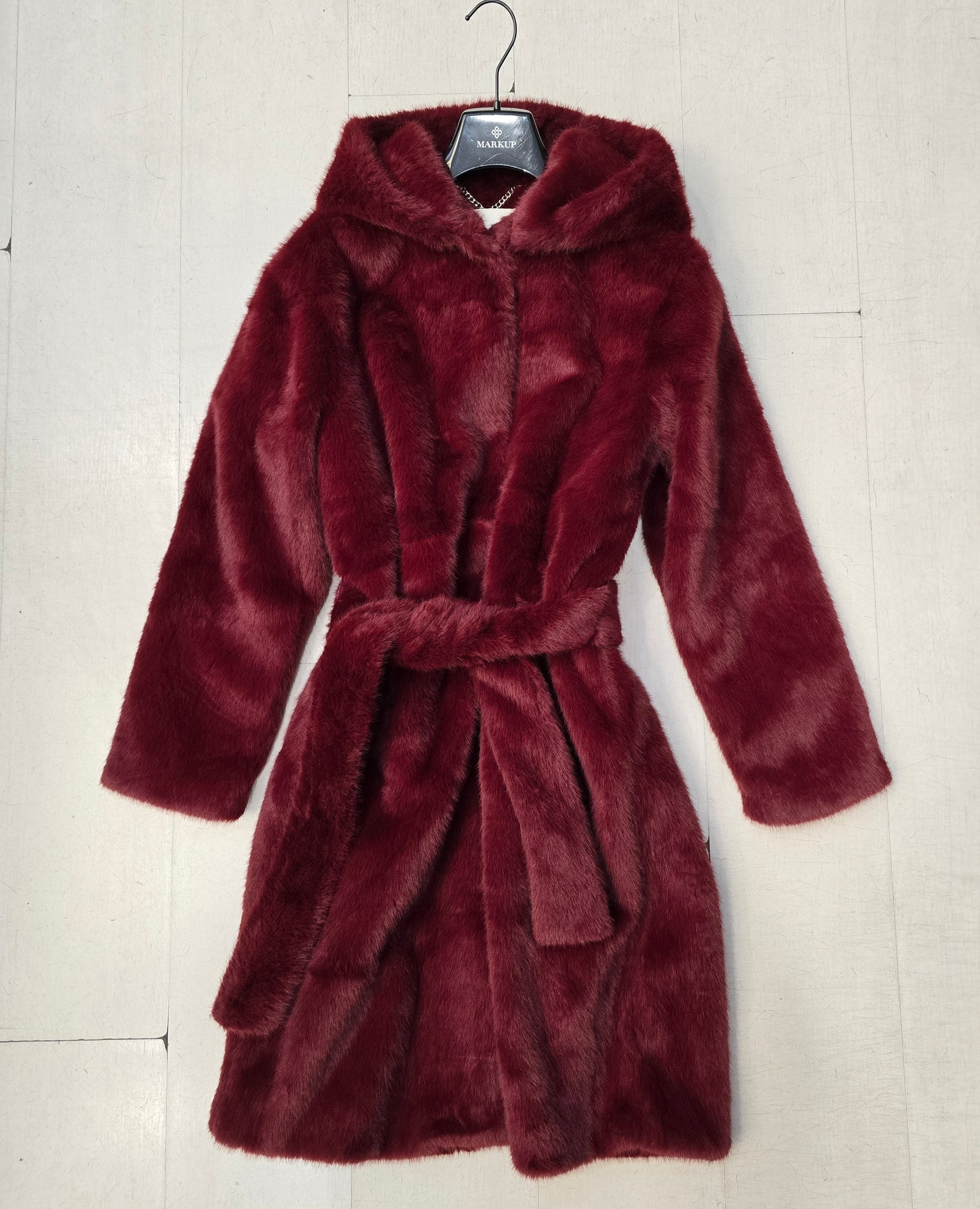 Cappotto Lungo Ecopelliccia Cappuccio Cintura