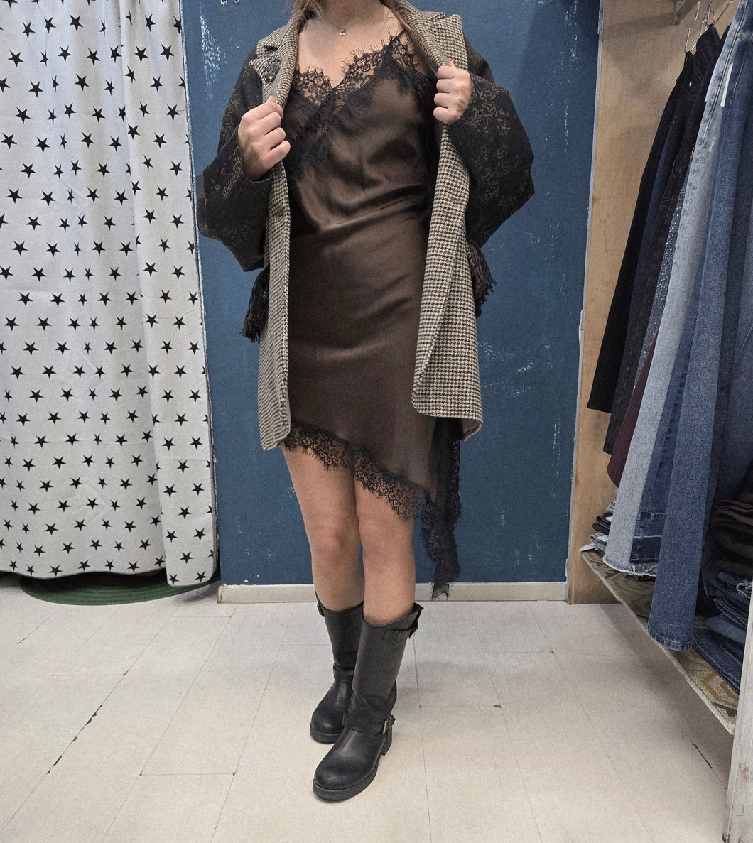 Abito Sottoveste Raso Inserti Pizzo Asimmetrico