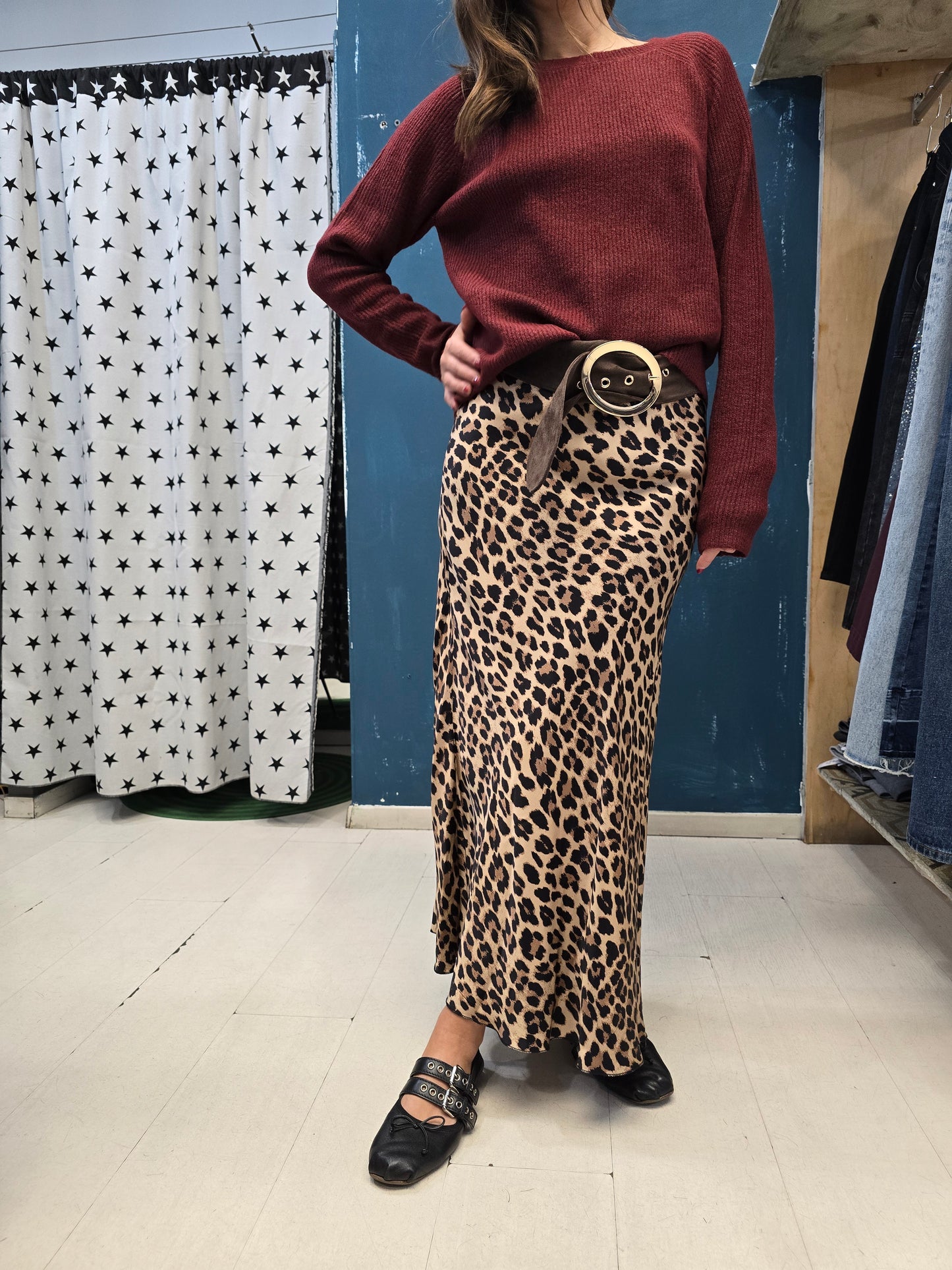 Gonna Raso Animalier Svasata Elastico Vita