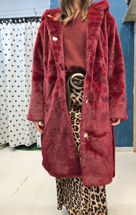 Cappotto Lungo Ecopelliccia Cappuccio Cintura