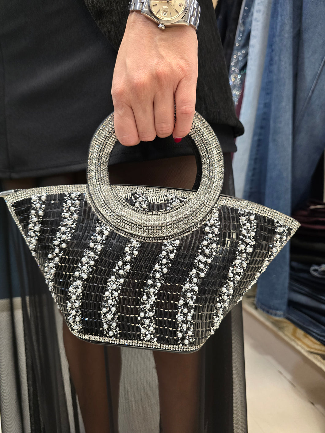 Borsa Mini Ventaglio Strass Pietre Perle