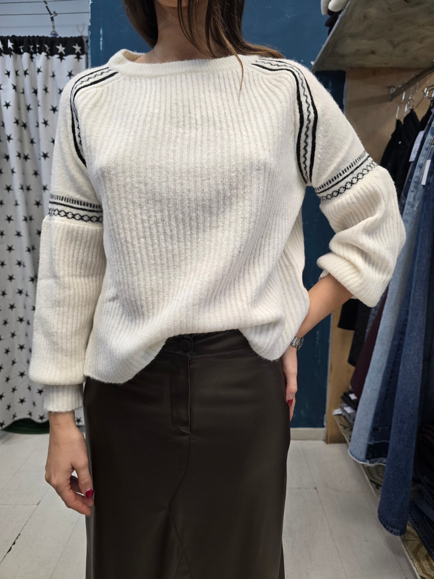 Maglia Paricollo Costa Larga Manica Bombata Greca Rifinitura Bianco