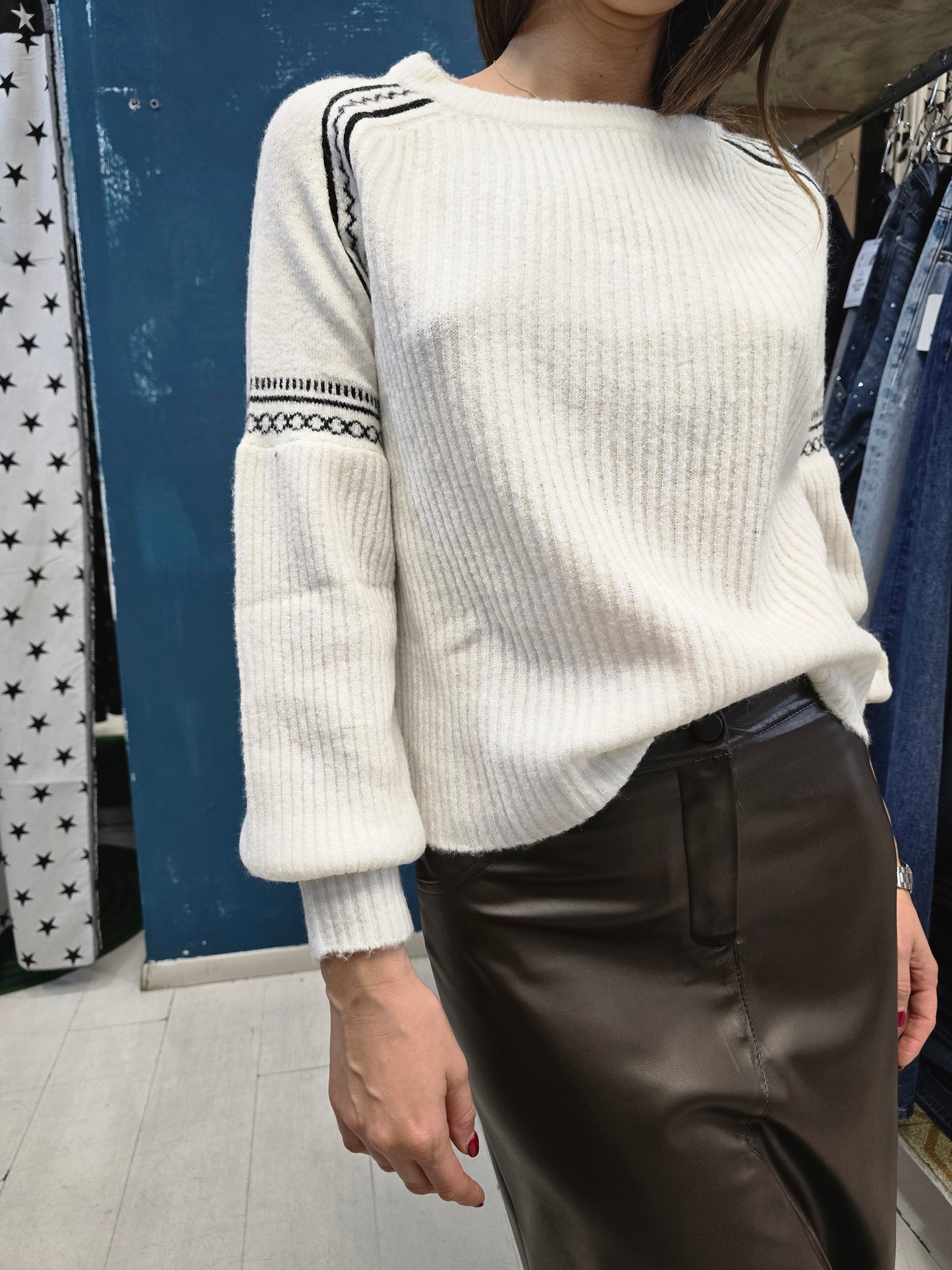 Maglia Paricollo Costa Larga Manica Bombata Greca Rifinitura Bianco