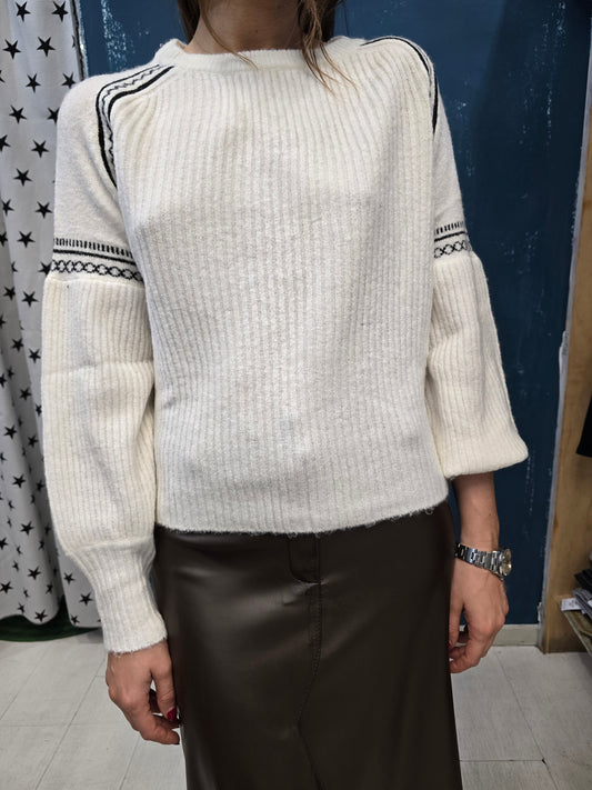 Maglia Paricollo Costa Larga Manica Bombata Greca Rifinitura Bianco
