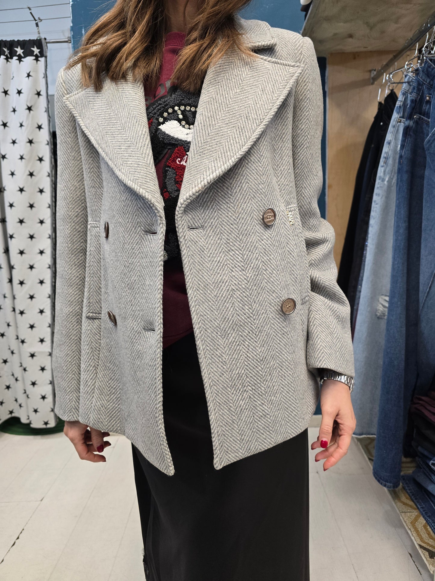 Cappotto Corto Doppiopetto Pannetto Spigato 50% Lana