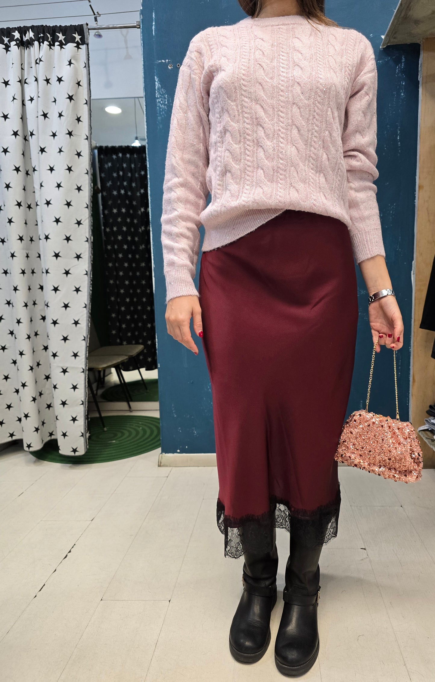 Maglia Filo Paillettes Paricollo Trecce Rosa Chiaro