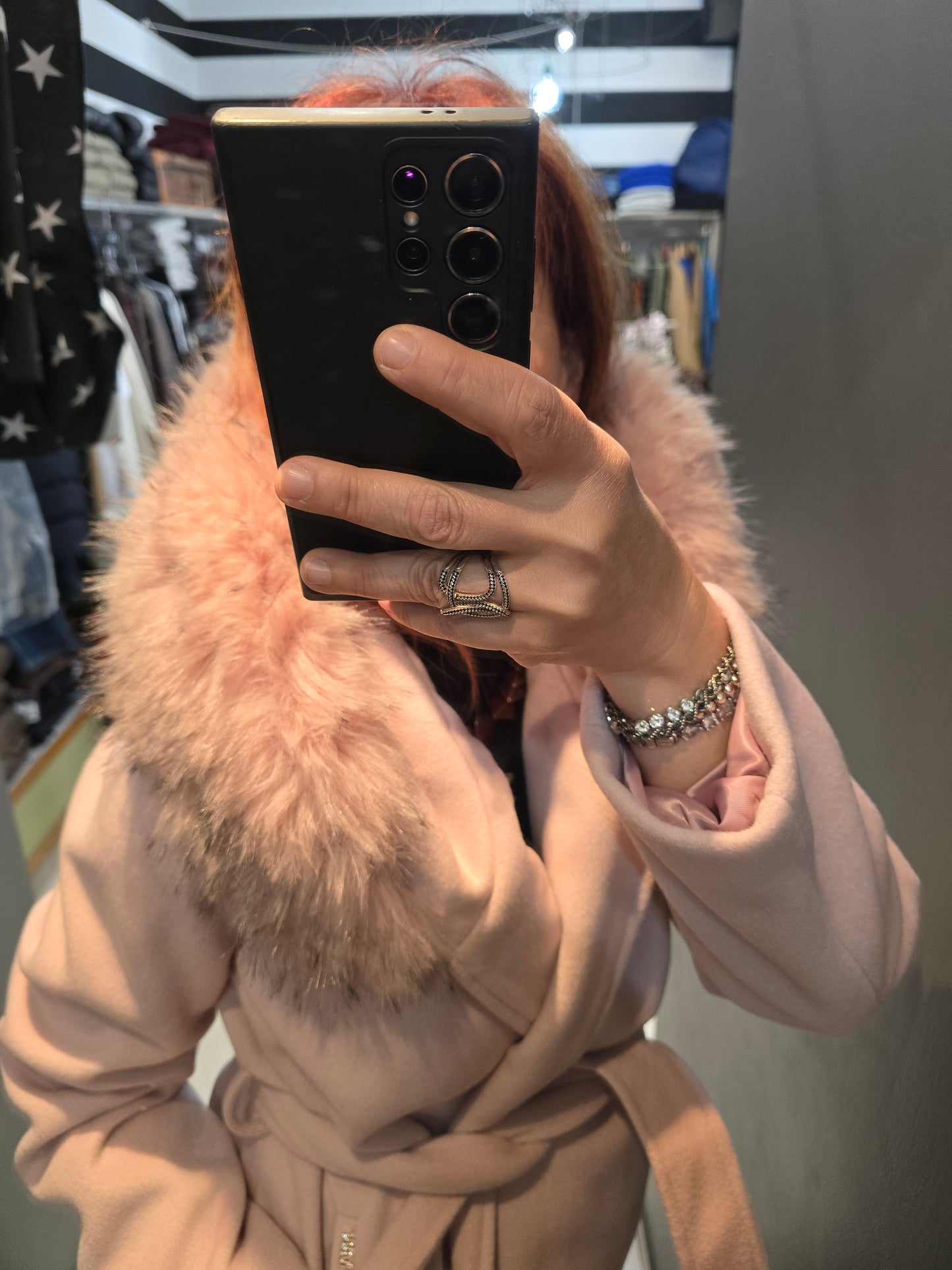 Cappotto 3/4 Allacciato Vita Cappuccio Pelliccia Rosa