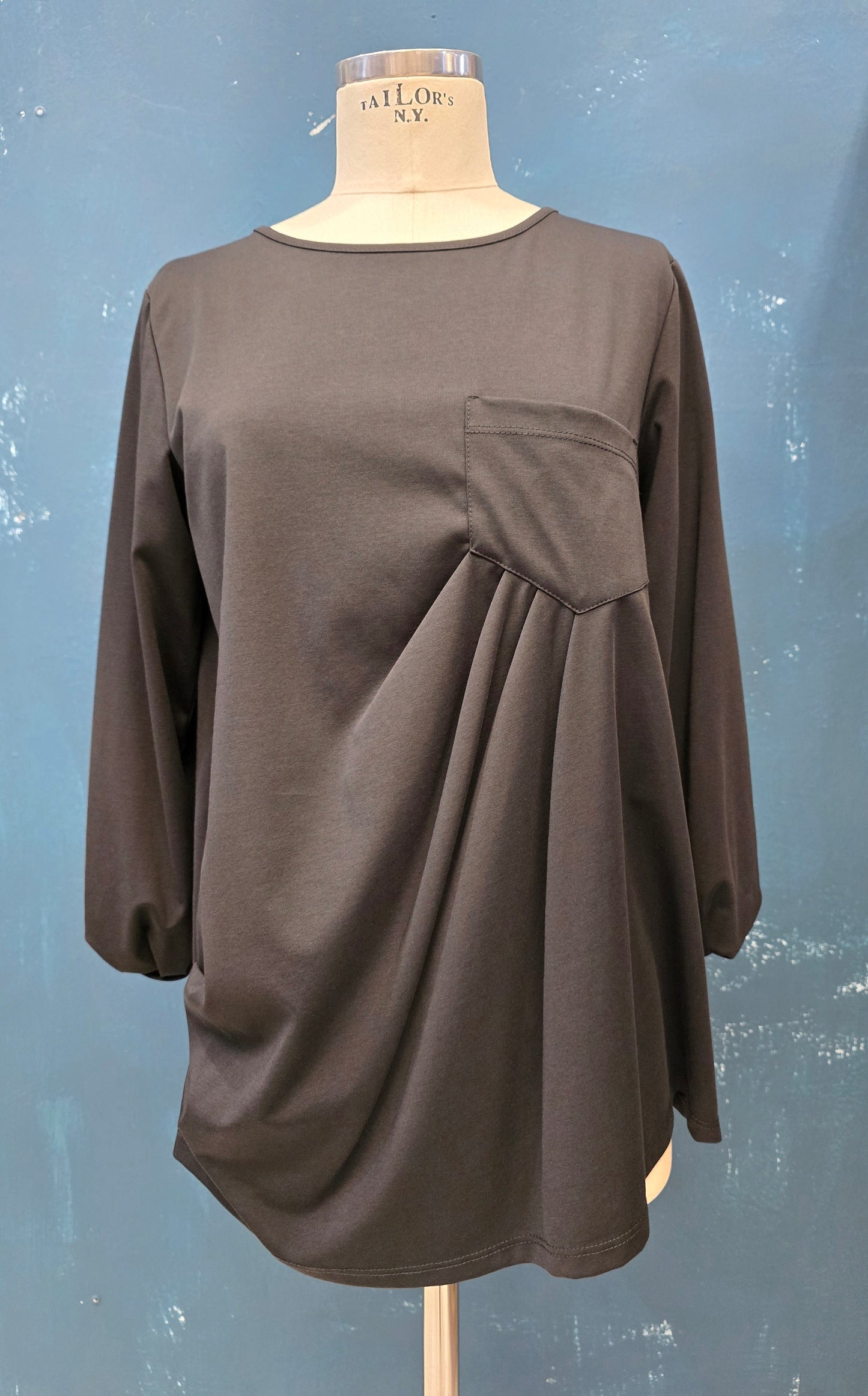 Maglia Misto Cotone Drappeggiata Taschino Marrone