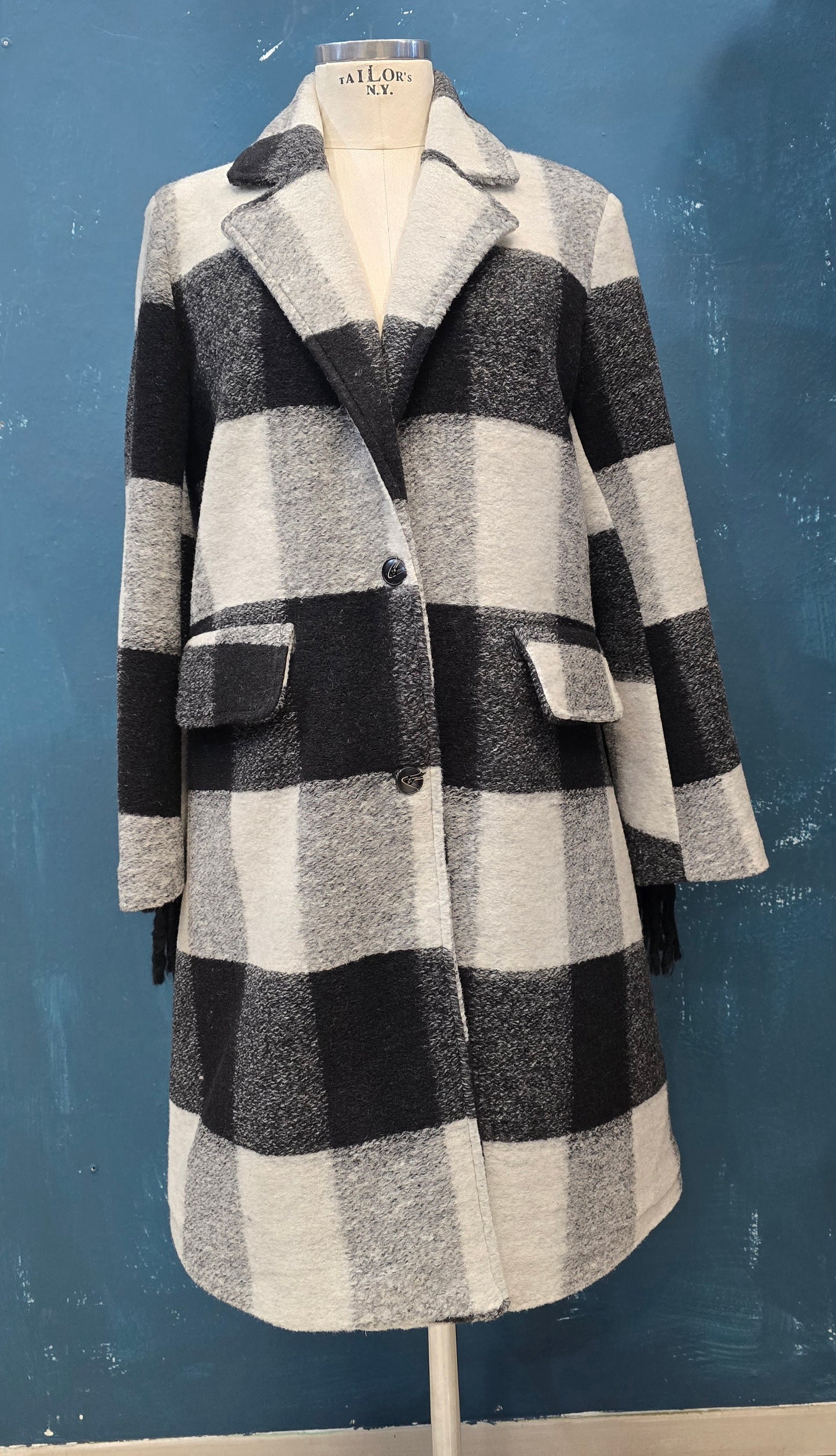 Cappotto quadroni con frangia lana