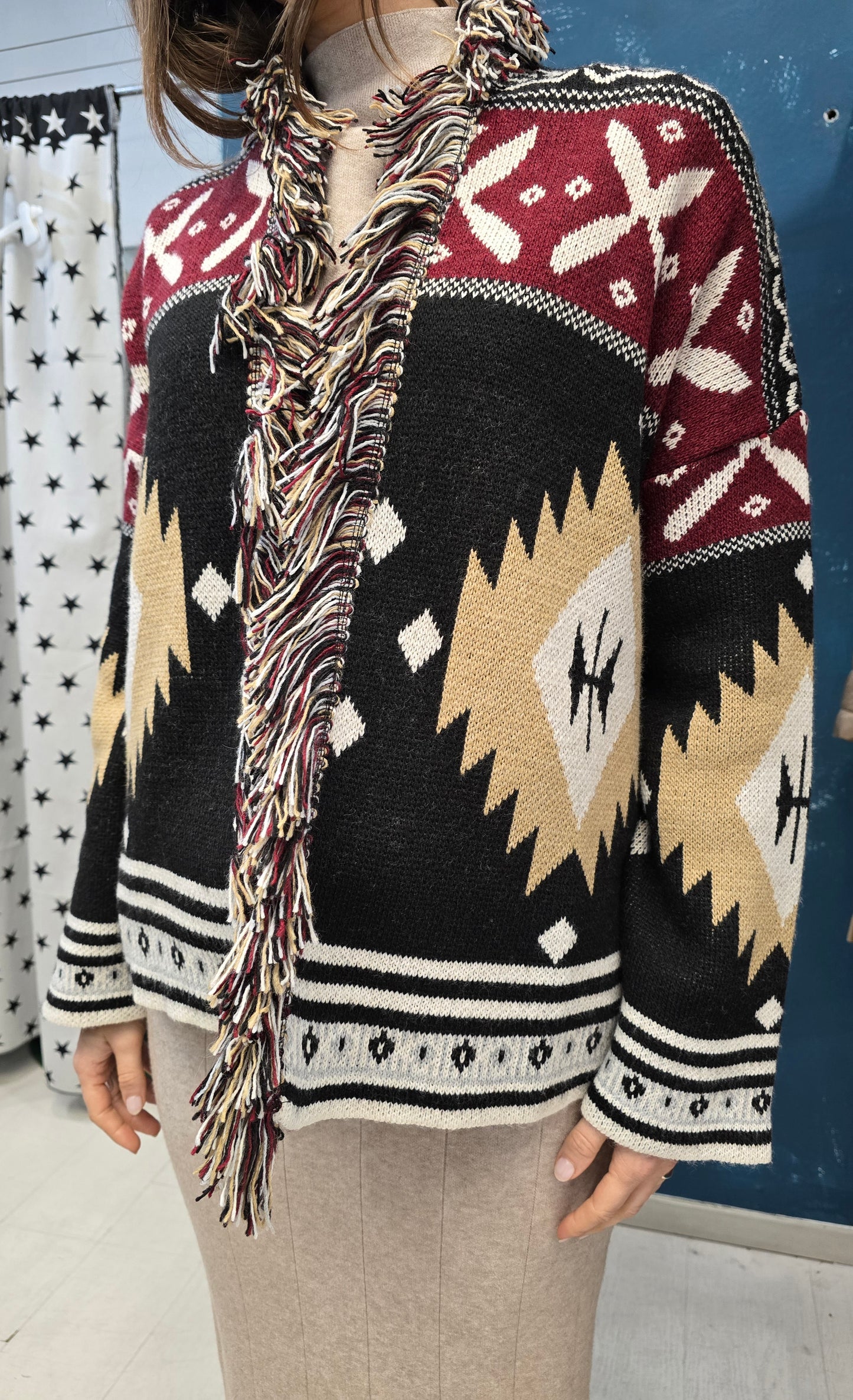Cardigan Frange Fantasia Geometrica
