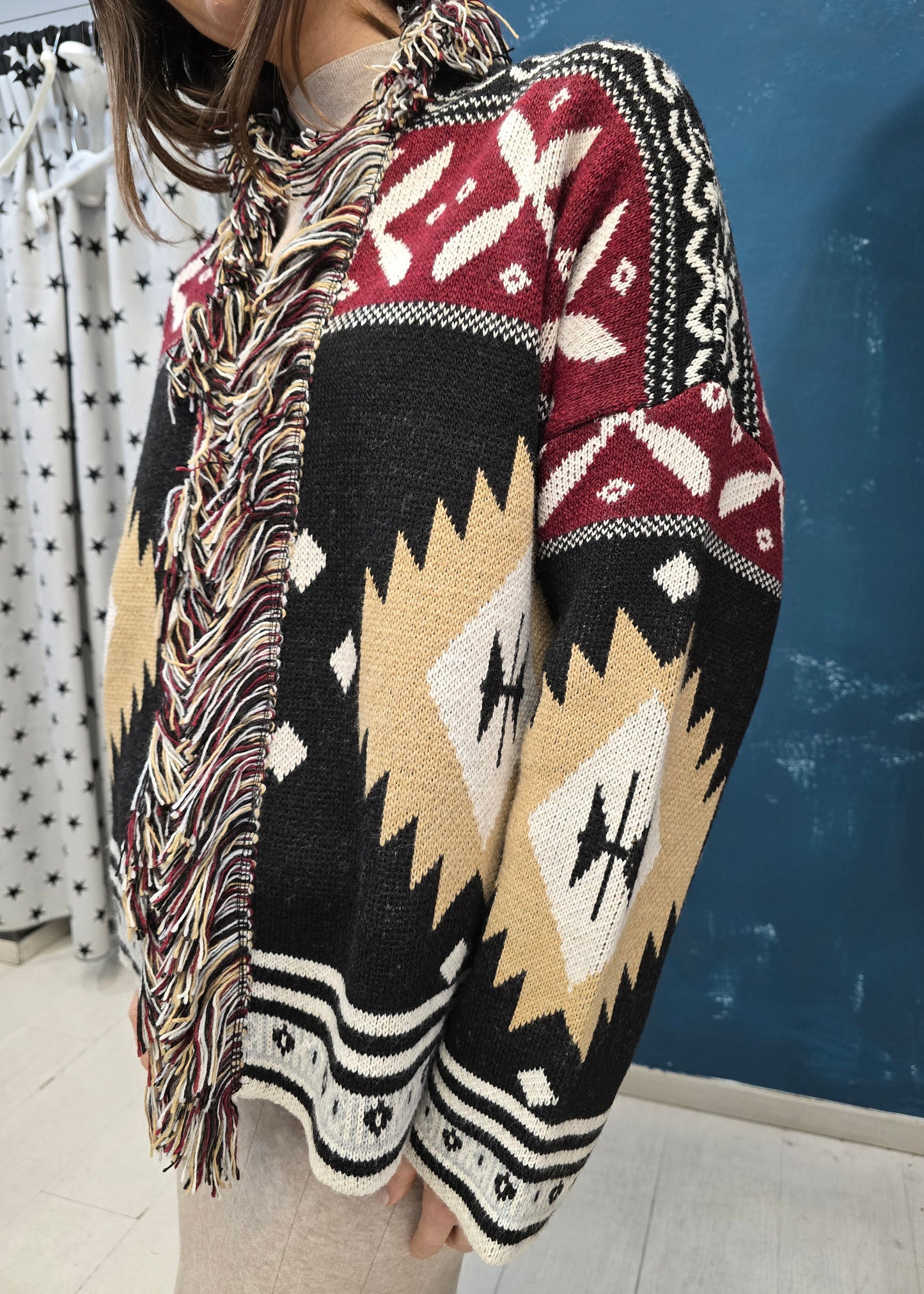 Cardigan Frange Fantasia Geometrica