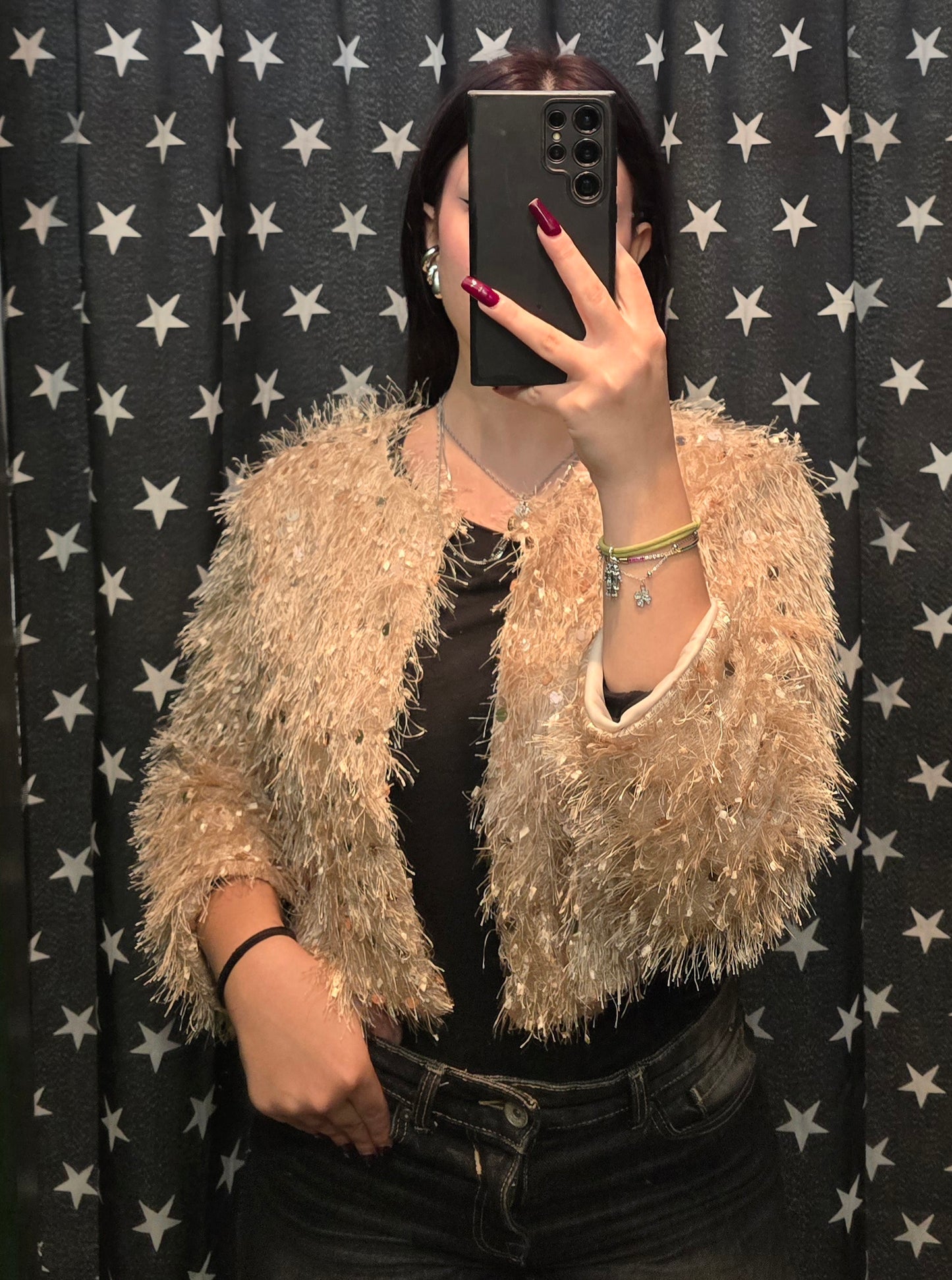 Giacca Corta Donna Paillettes Ecopelliccia