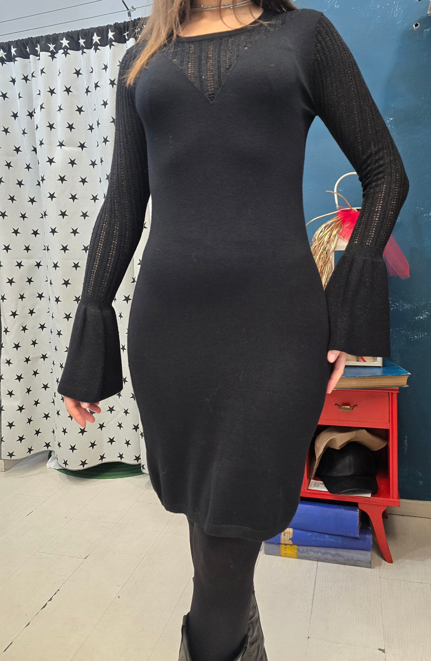 Abito Maglia Viscosa Tubino Ginocchio Manica Traforata